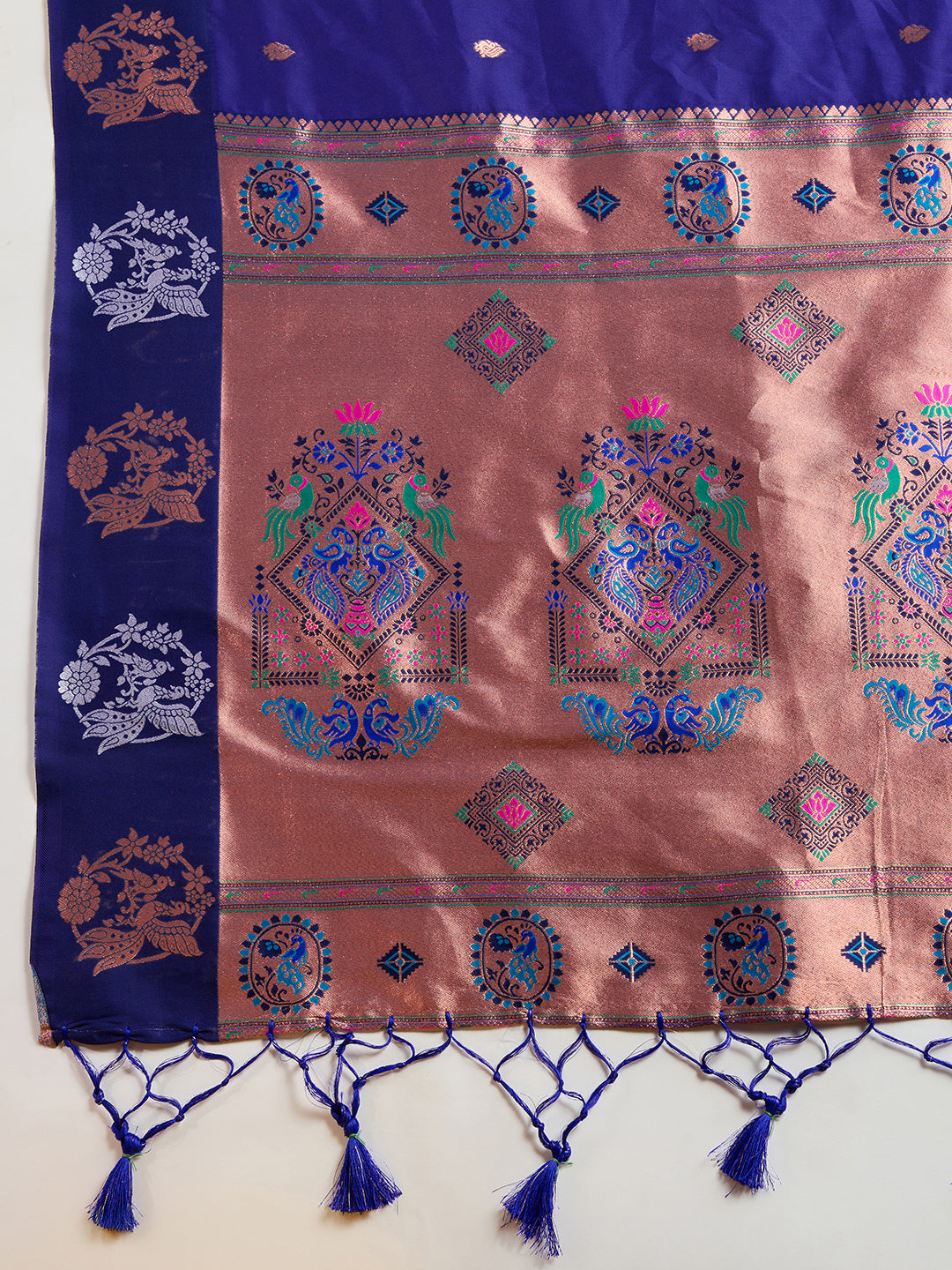 Royal-Blue Banarasi Silk Saree with Silver Butti and Paithani Pallu
