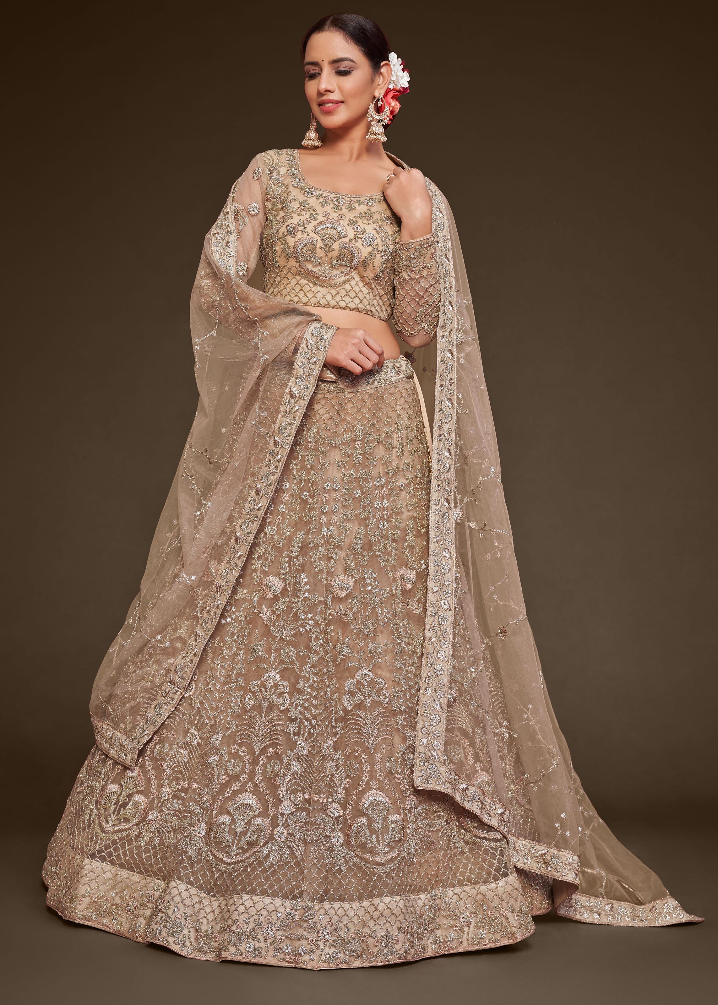 Royal Beige Lehenga Choli With Thread, Zari, Badla And Glitter Dori Embroidery Work