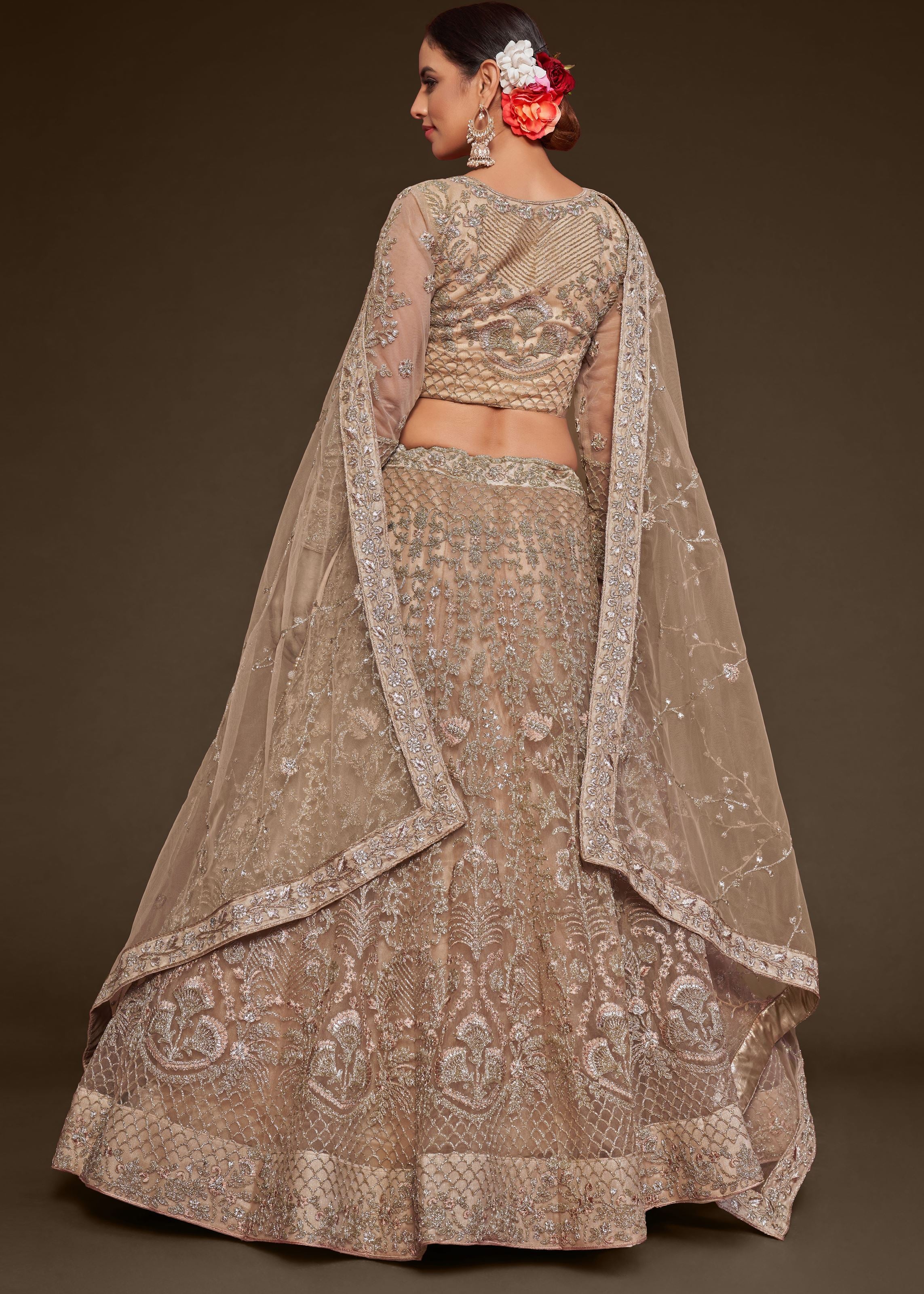 Royal Beige Lehenga Choli With Thread, Zari, Badla And Glitter Dori Embroidery Work
