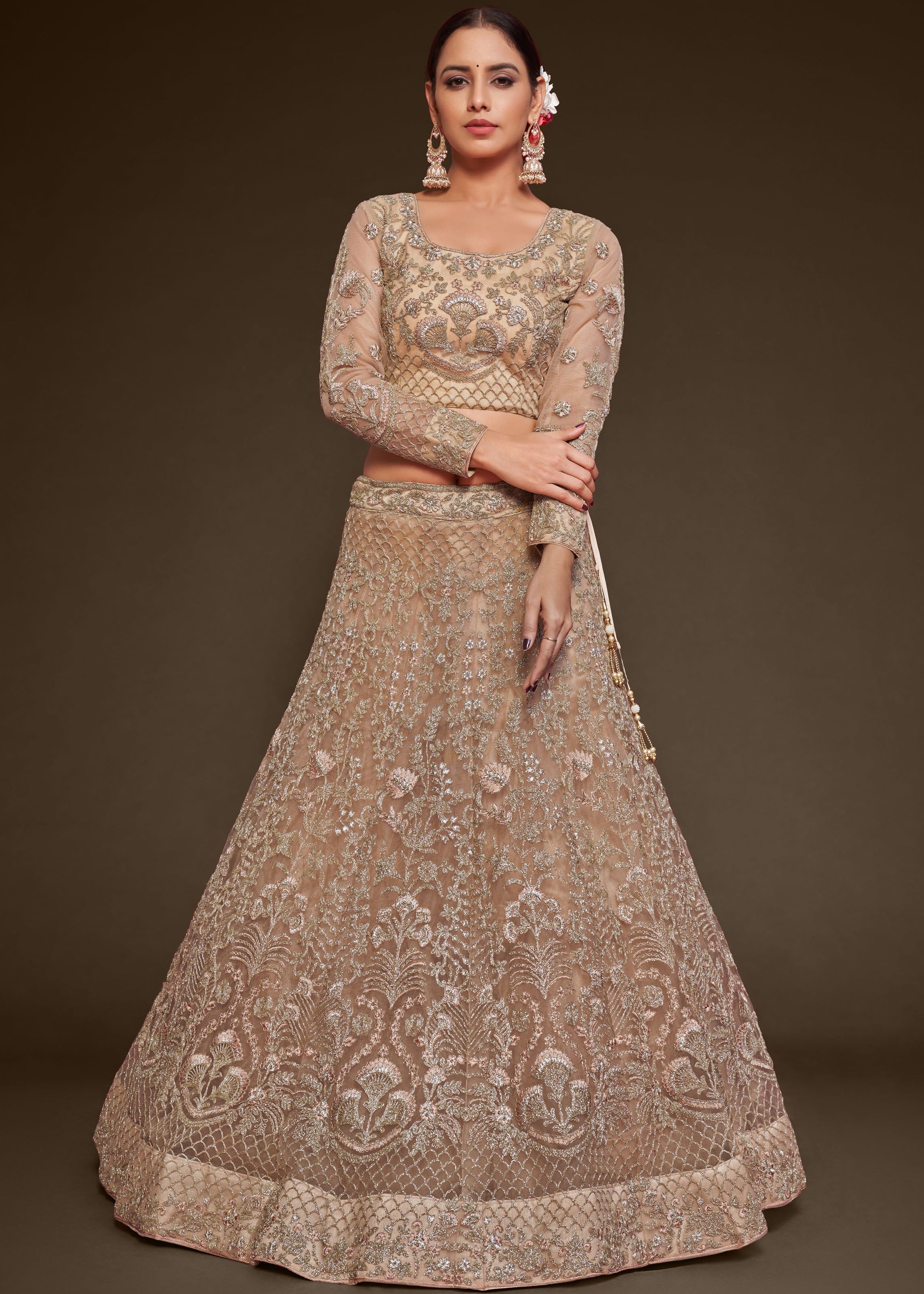 Royal Beige Lehenga Choli With Thread, Zari, Badla And Glitter Dori Embroidery Work
