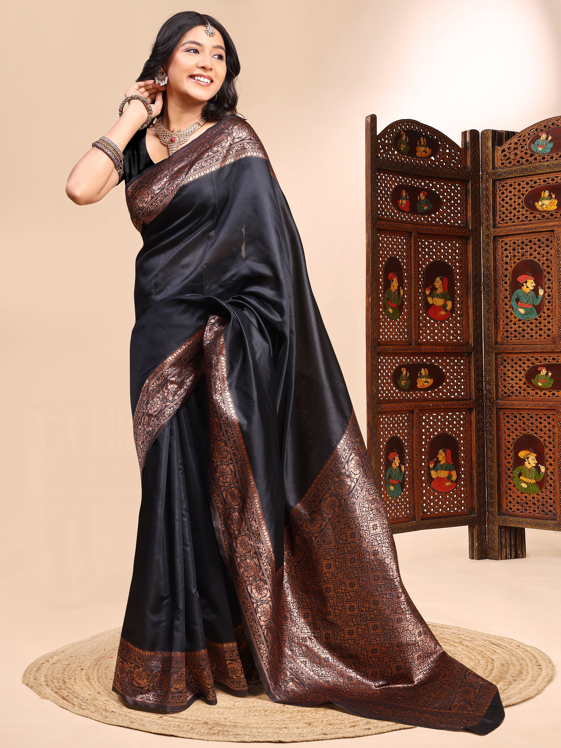 Royal Black Lichi Silk Saree with Premium Zari Weaving