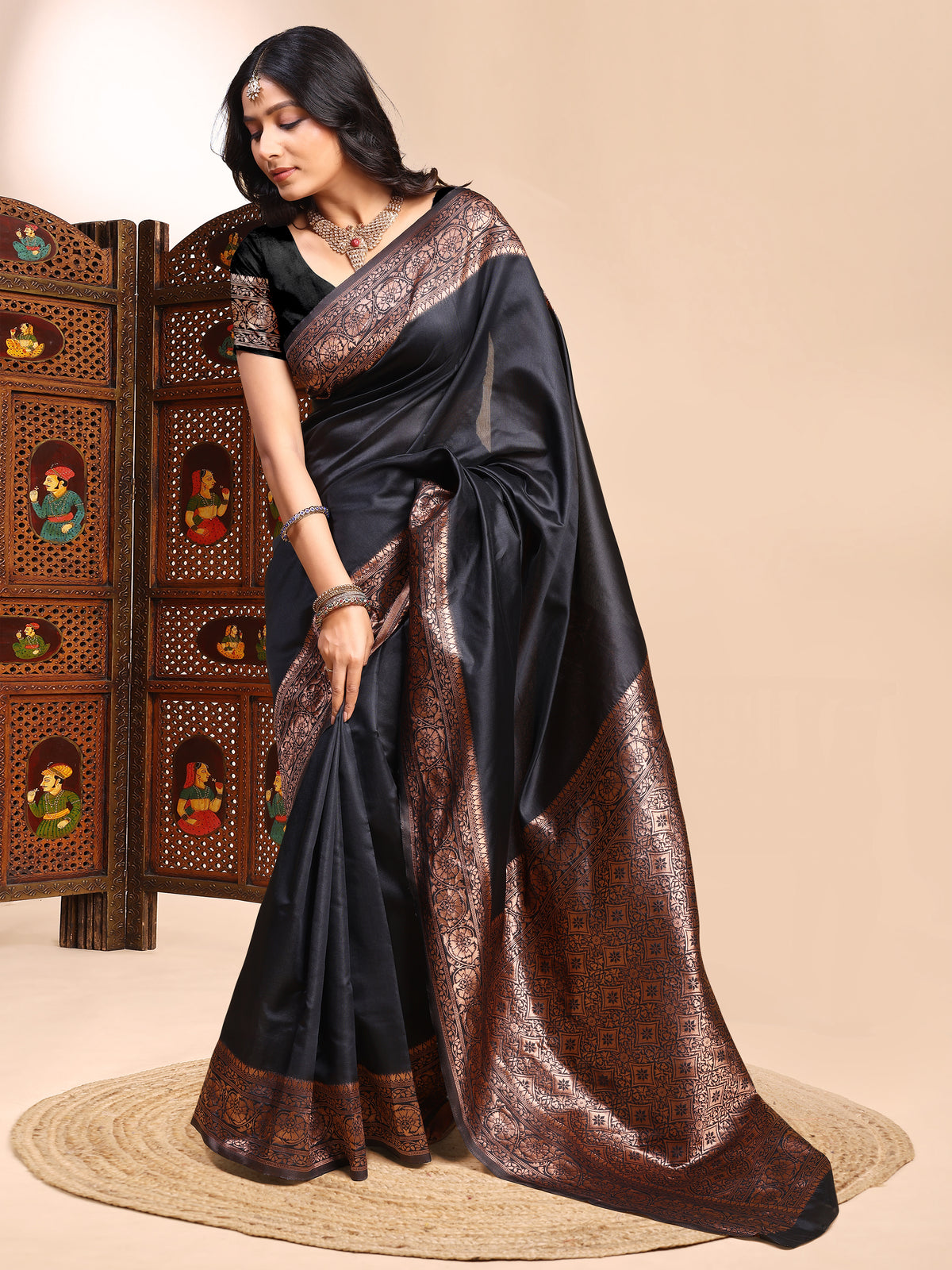 Royal Black Lichi Silk Saree with Premium Zari Weaving