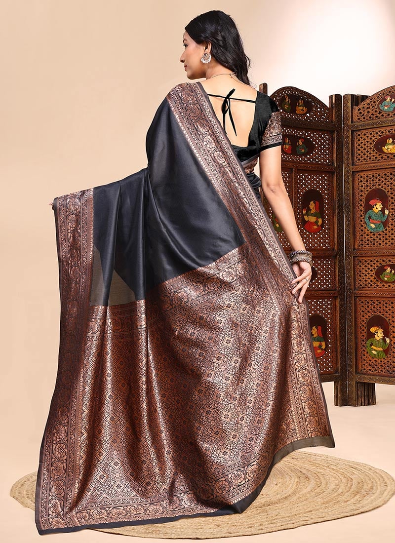 Royal Black Lichi Silk Saree with Premium Zari Weaving