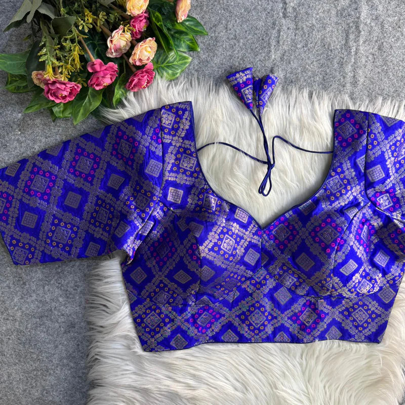 Royal Blue Banarasi Jacquard Patola Designer Blouse  Silk Partywear Readymade Blouse