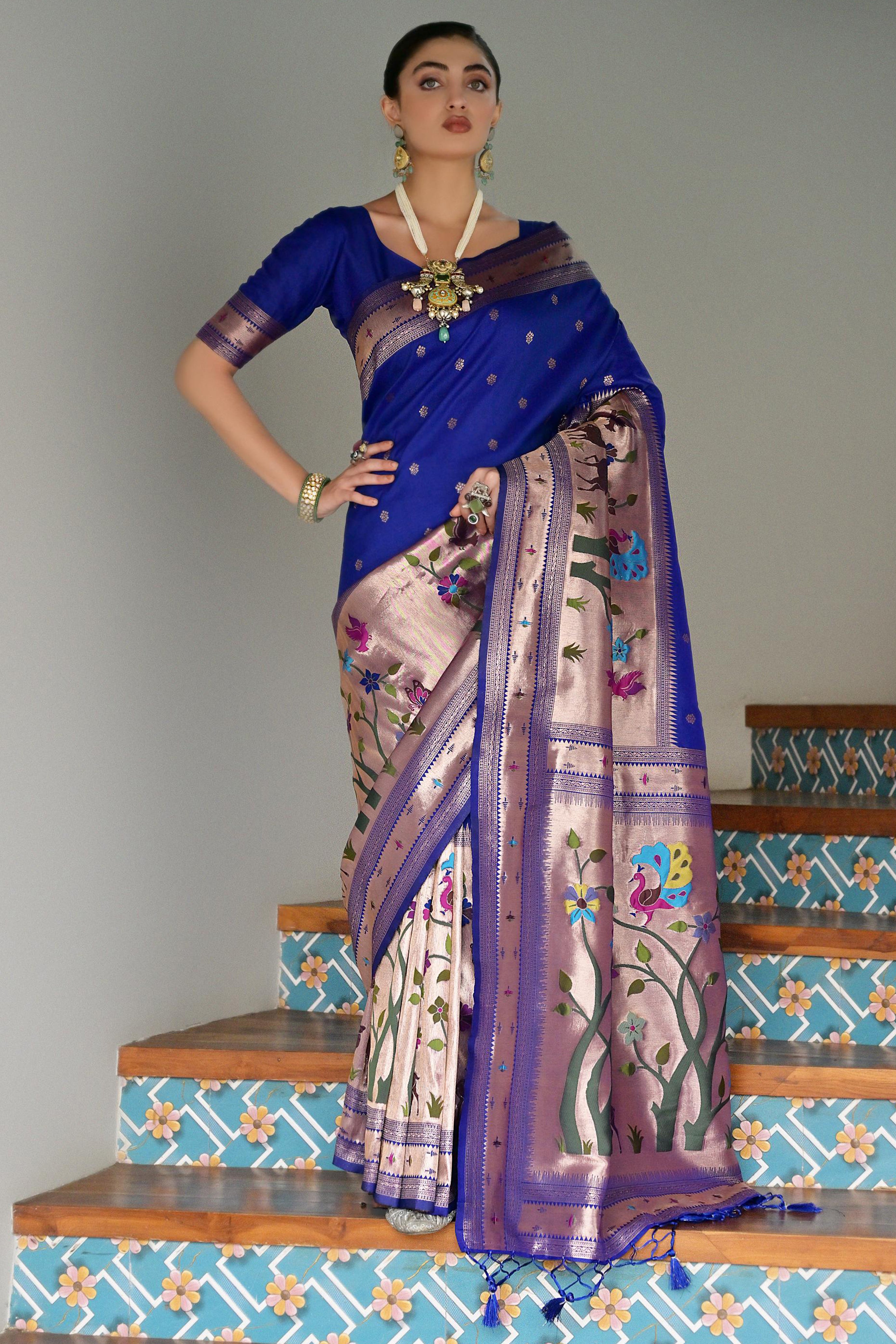Royal Blue Banarasi Silk Saree with Designer Paithani Weaving