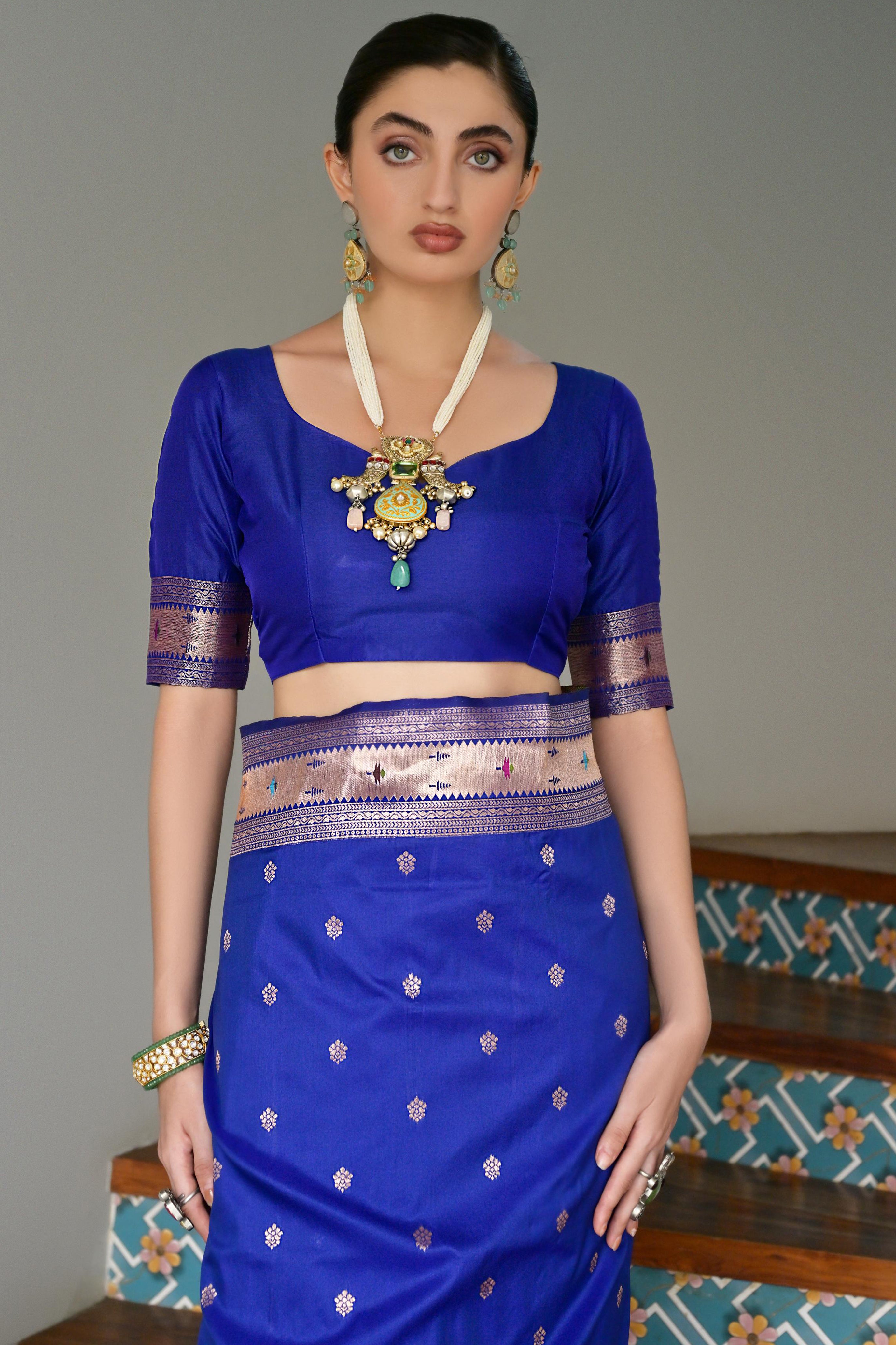 Royal Blue Banarasi Silk Saree with Designer Paithani Weaving