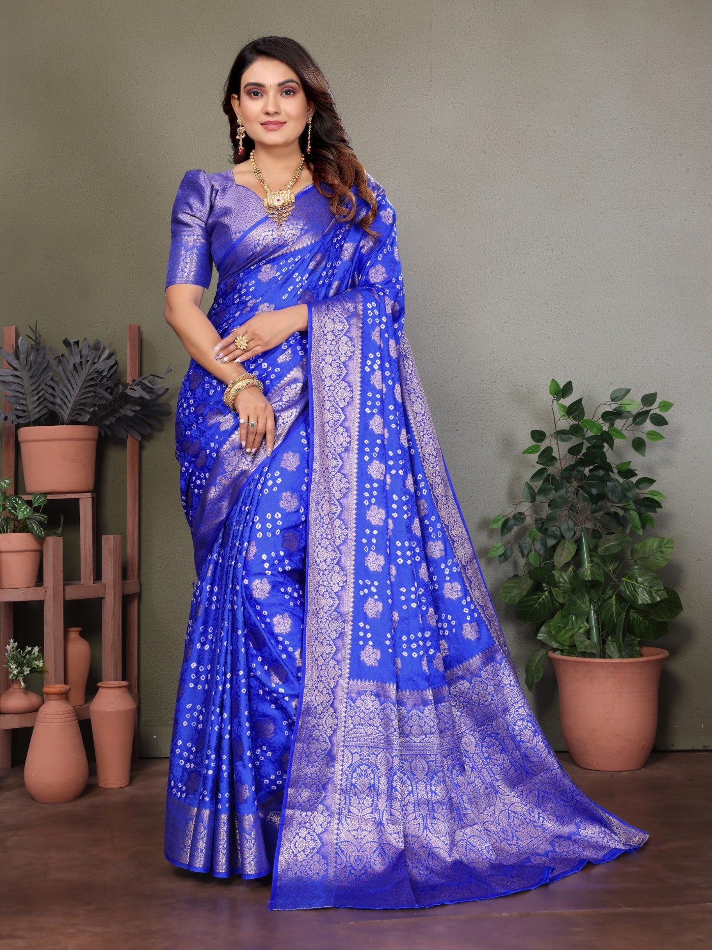 Royal Blue Bandhej Silk Saree With Traditional Zari Weaving