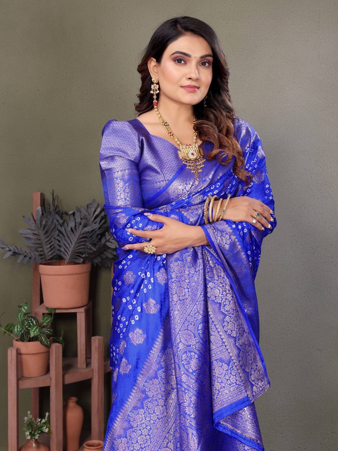 Royal Blue Bandhej Silk Saree With Traditional Zari Weaving