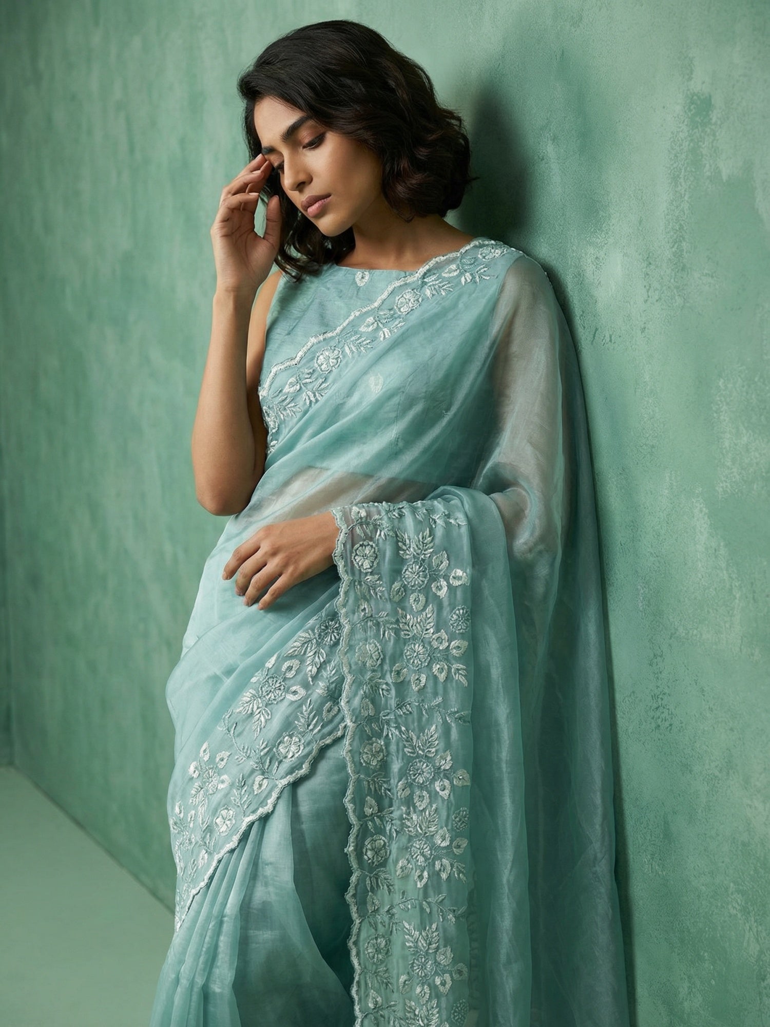 Royal Blue Chanda Silk Saree with Floral Thread Cut Work