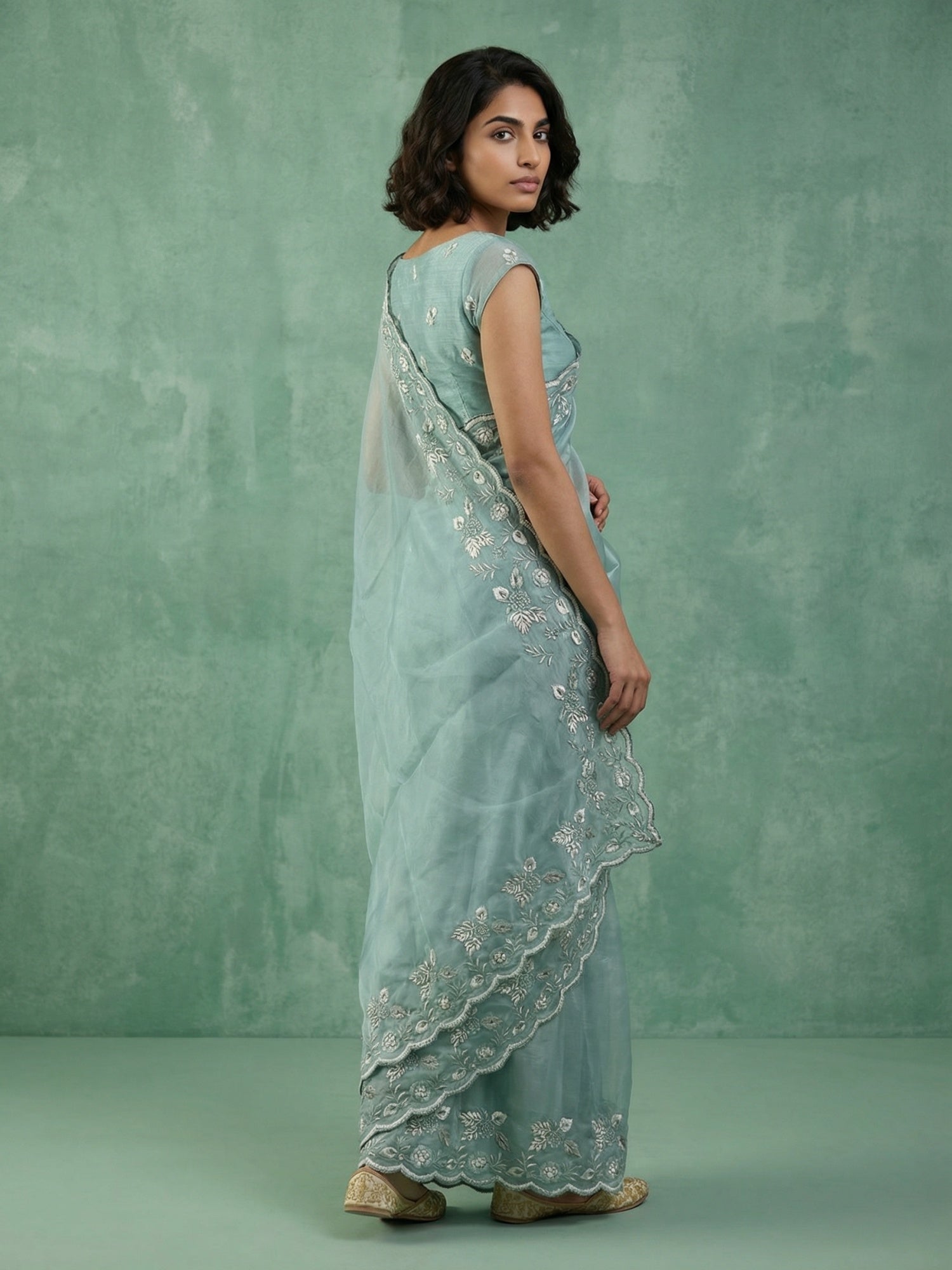 Royal Blue Chanda Silk Saree with Floral Thread Cut Work
