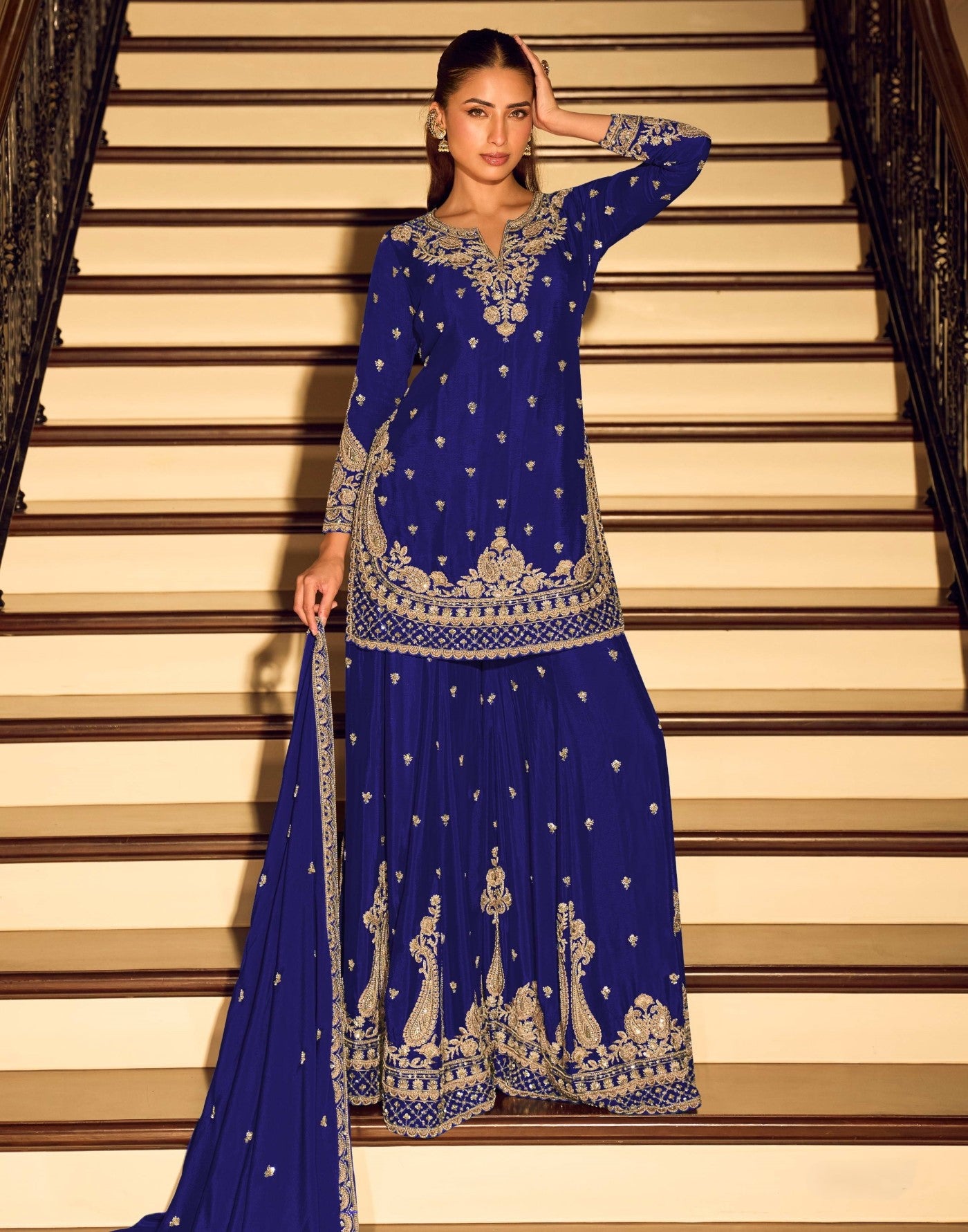 Royal Blue Chinon Designer Suit Set With Elegant Embroidery