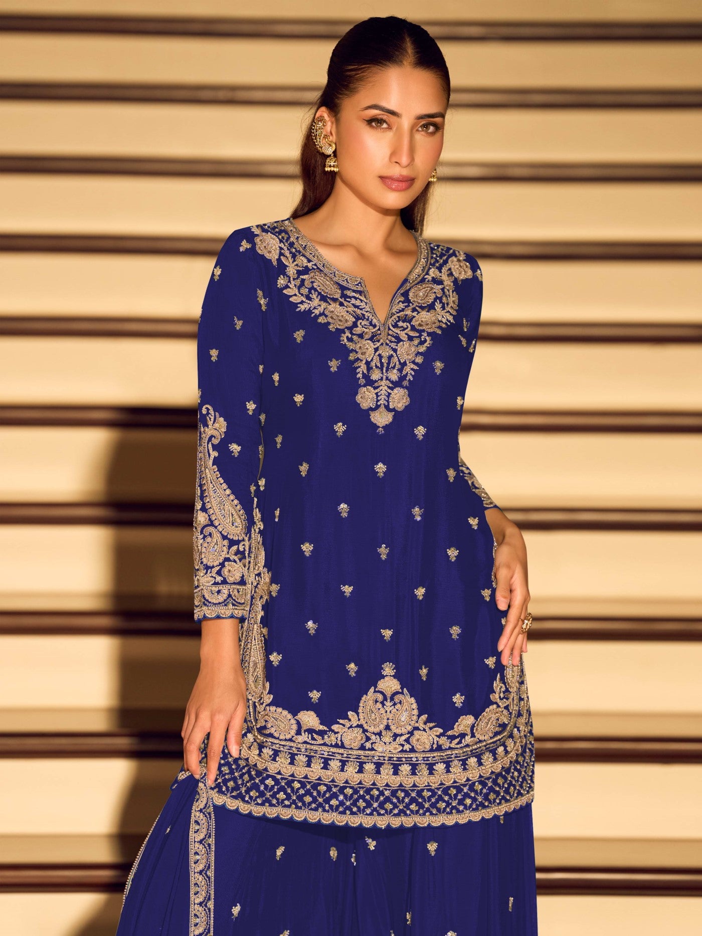 Royal Blue Chinon Designer Suit Set With Elegant Embroidery
