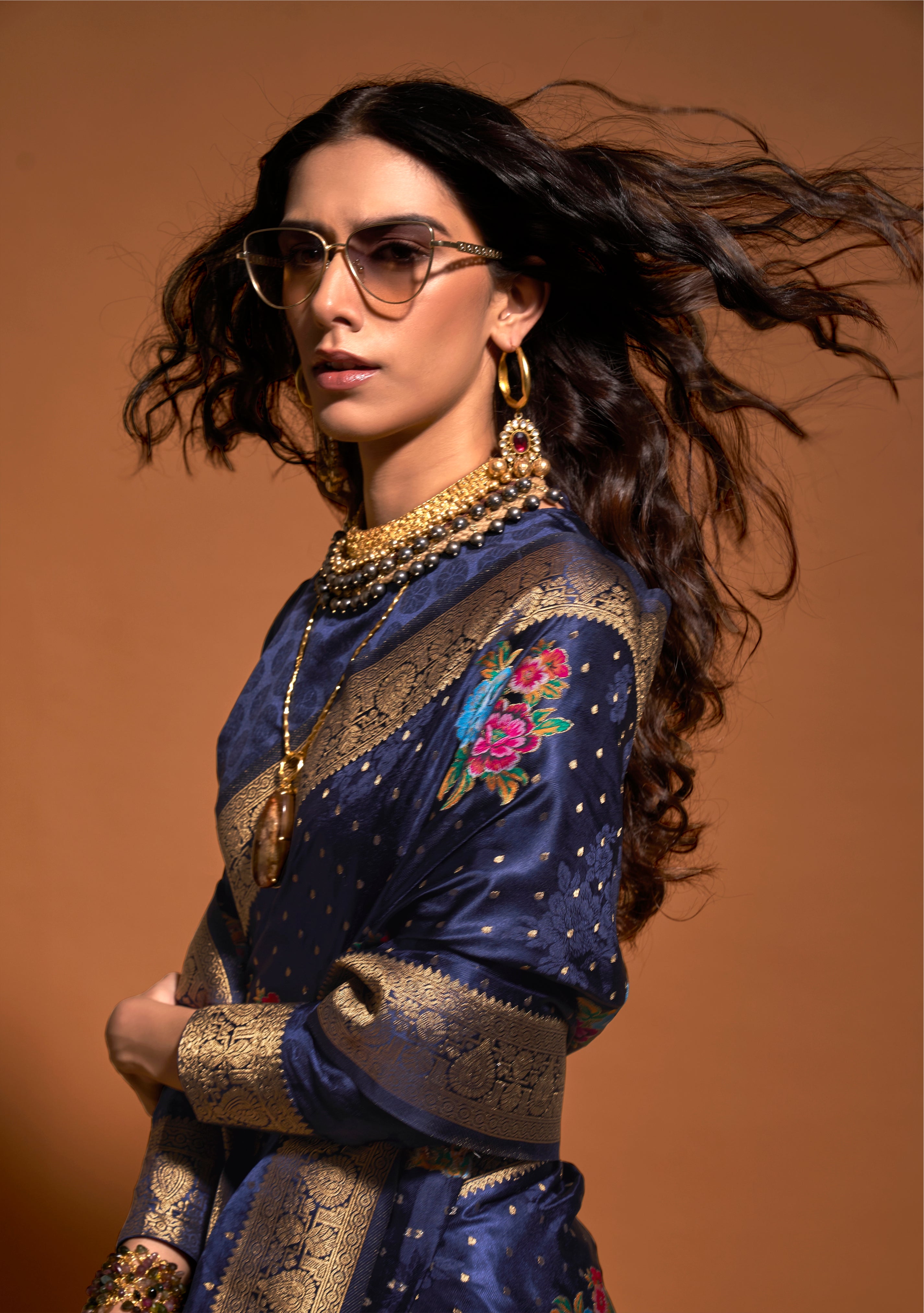 Royal Blue Multi Color Flower Jacquard Woven Saree