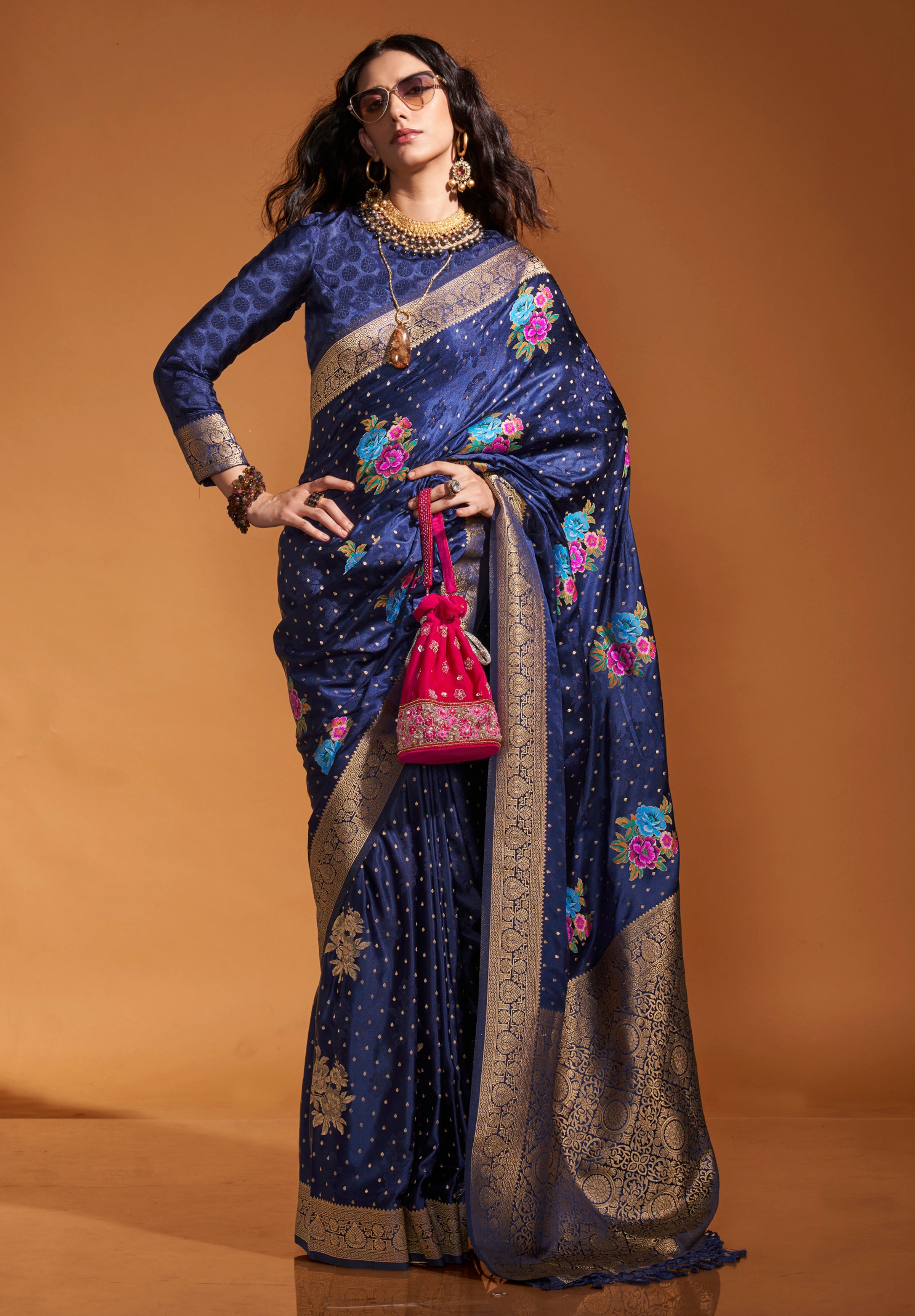 Royal Blue Multi Color Flower Jacquard Woven Saree