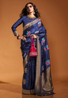 Royal Blue Multi Color Flower Jacquard Woven Saree