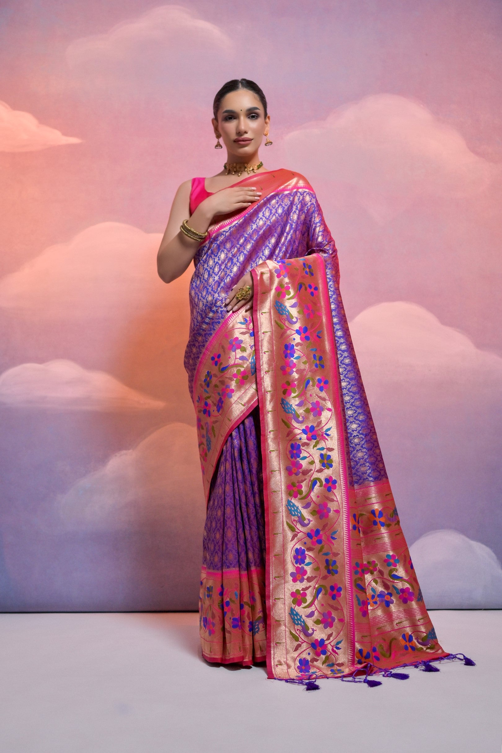 Royal Blue Paithani Silk Saree with Meenakari Border and Zari Weaves