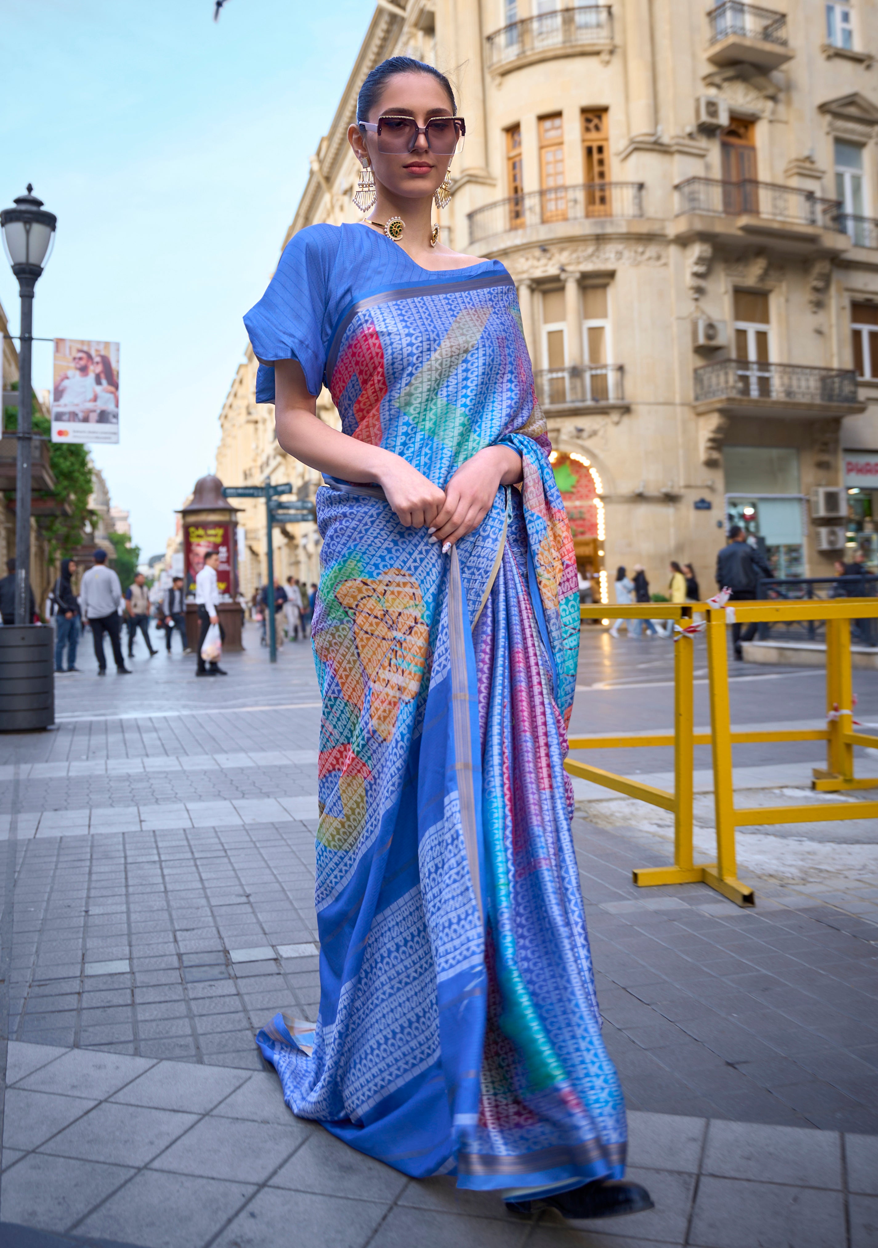Royal Blue Poly Viscose Saree with Print