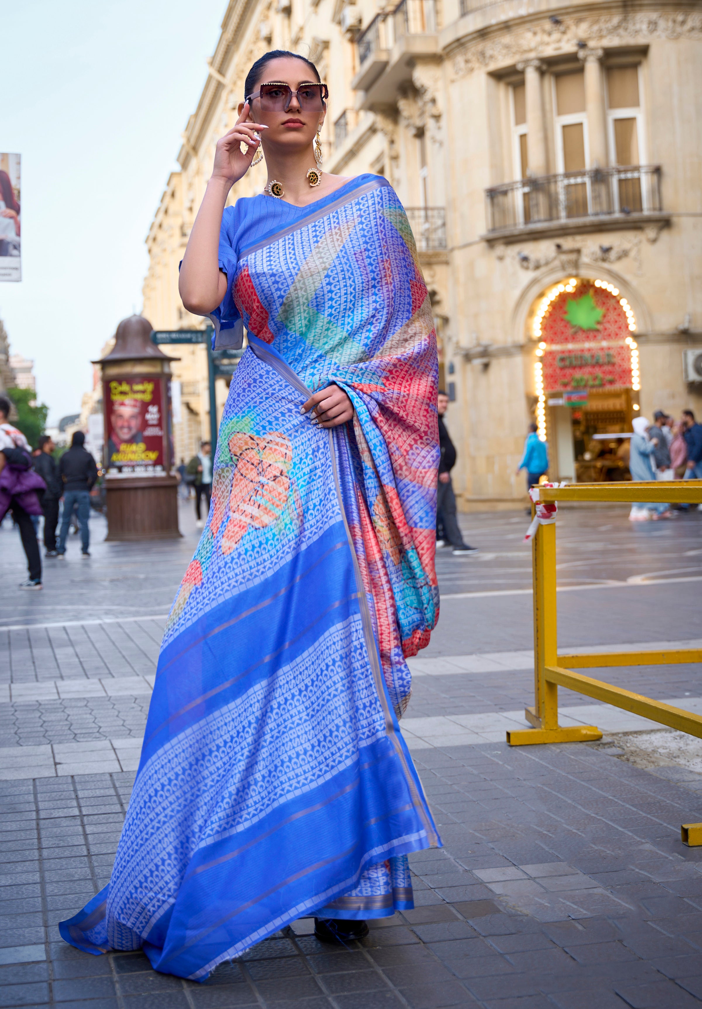 Royal Blue Poly Viscose Saree with Print