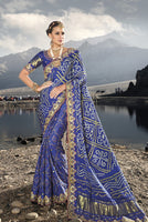 Royal Blue Pure Gajji Bandhej Satin Saree With  Embroidred With Mirror, Moti and Cut Dana Work