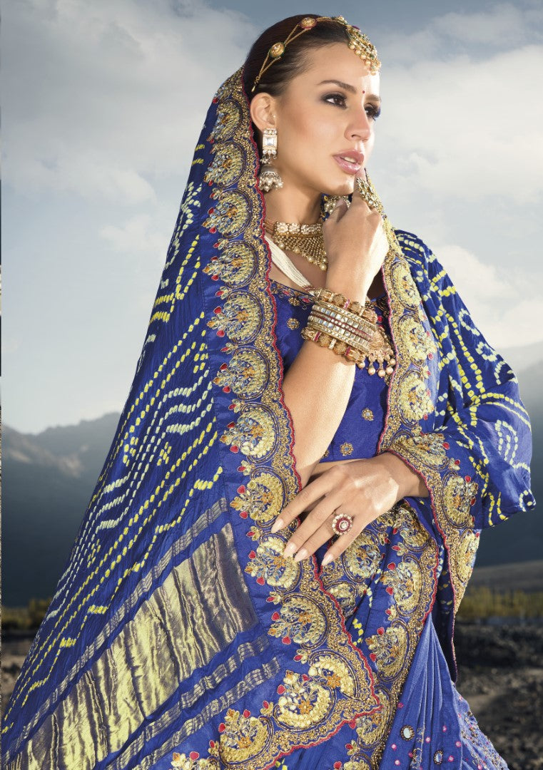 Royal Blue Pure Gajji Bandhej Satin Saree With  Embroidred With Mirror, Moti and Cut Dana Work
