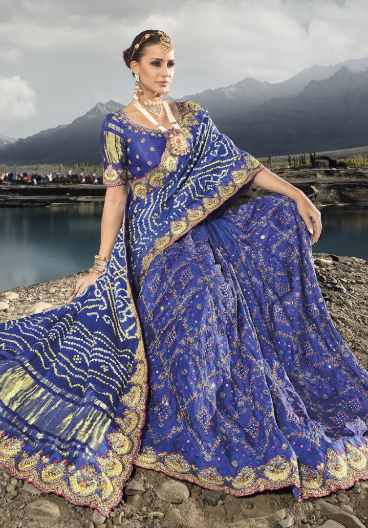 Royal Blue Pure Gajji Bandhej Satin Saree With  Embroidred With Mirror, Moti and Cut Dana Work