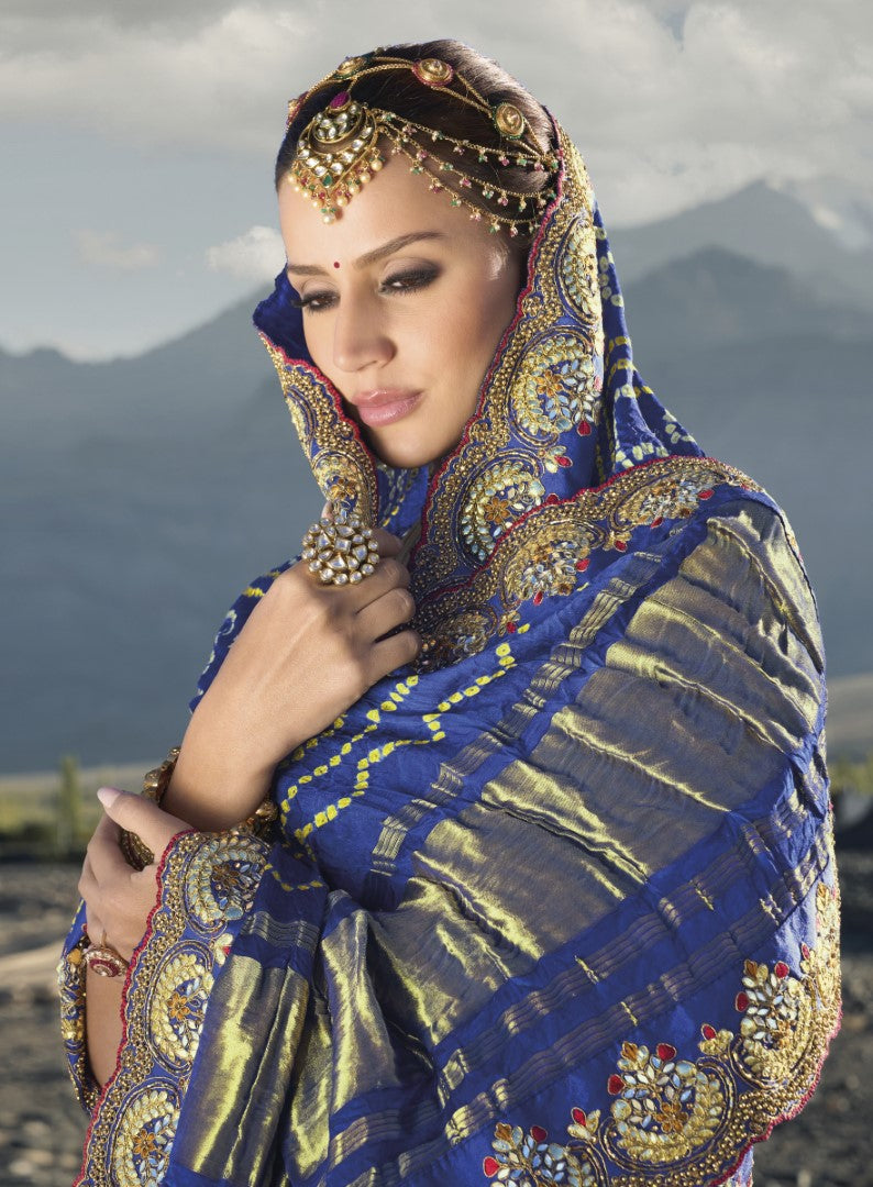 Royal Blue Pure Gajji Bandhej Satin Saree With  Embroidred With Mirror, Moti and Cut Dana Work