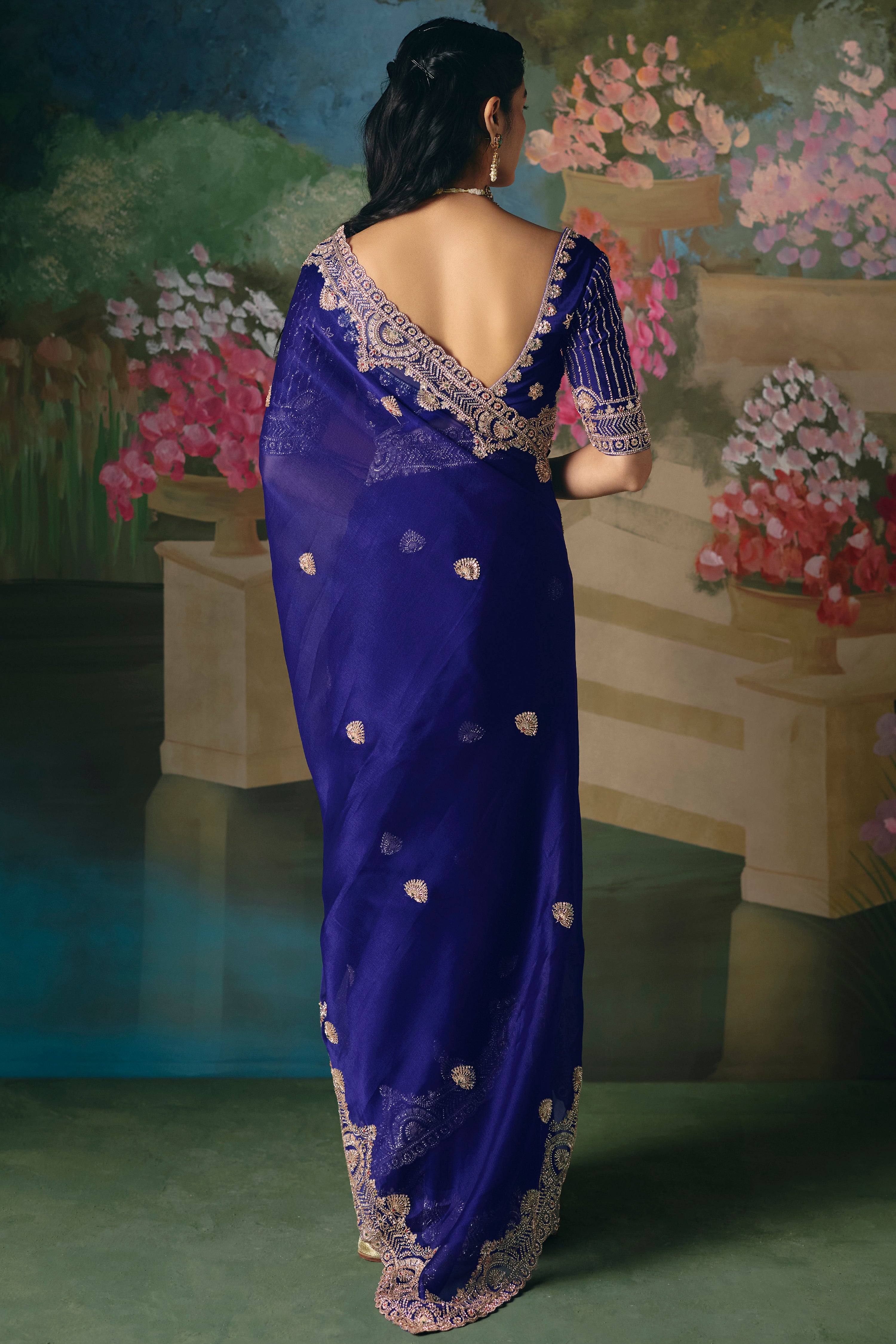 Royal Blue Saree With  Heavy Designer Embroidery, Sequince, Stone, With Beads Work