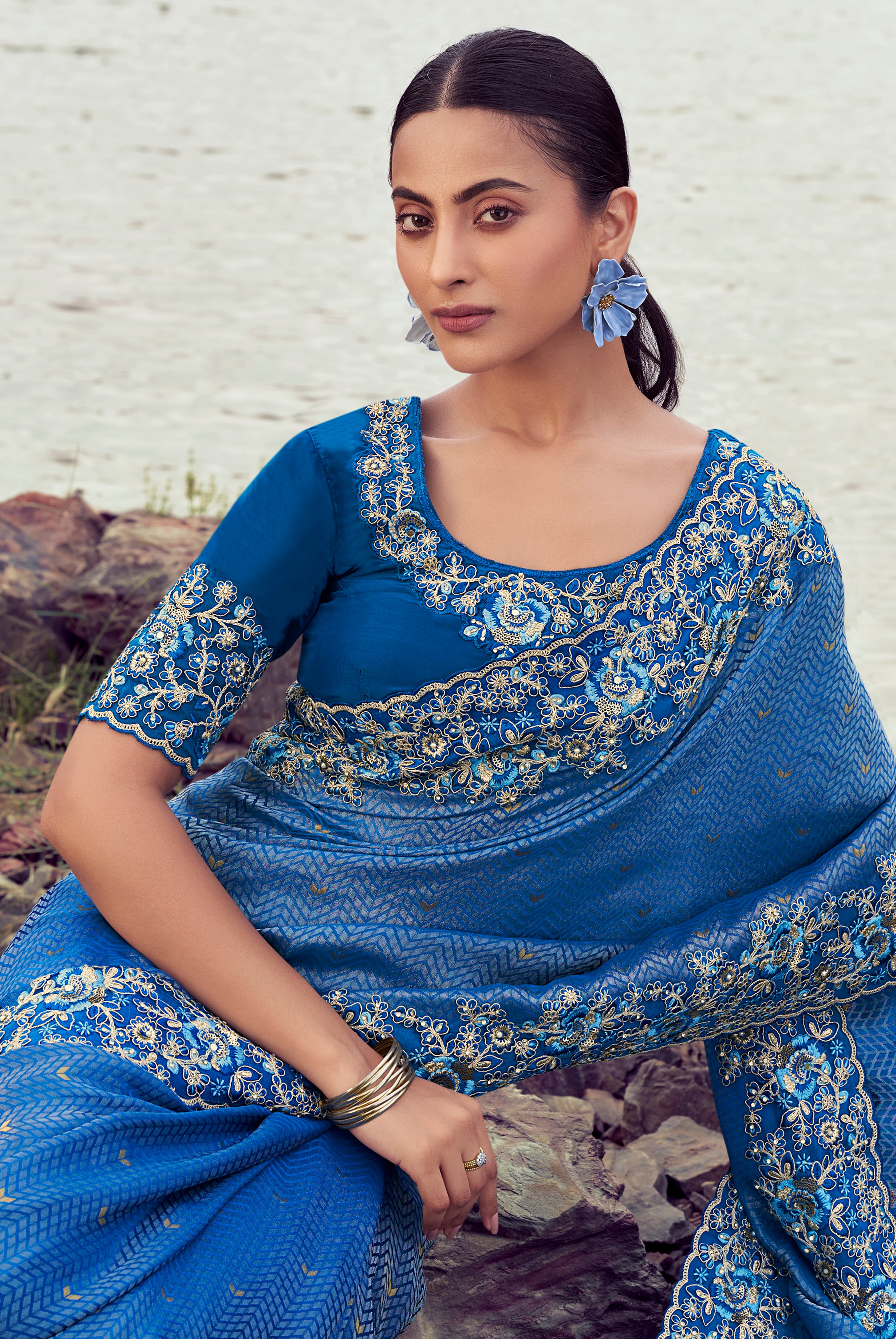 Royal Blue Saree With  Jacquard Woven With Embroidered Border & Blouse
