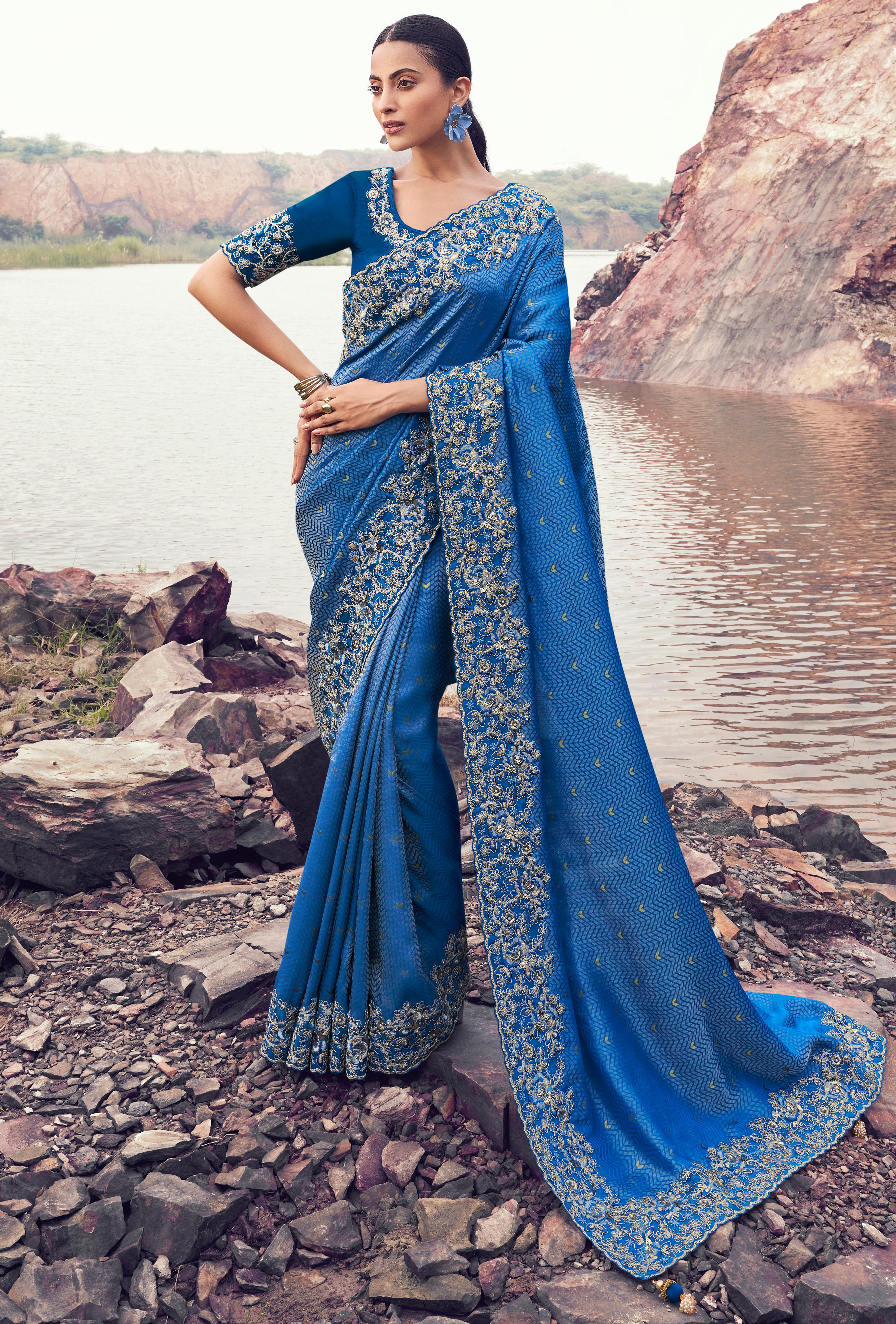 Royal Blue Saree With  Jacquard Woven With Embroidered Border & Blouse