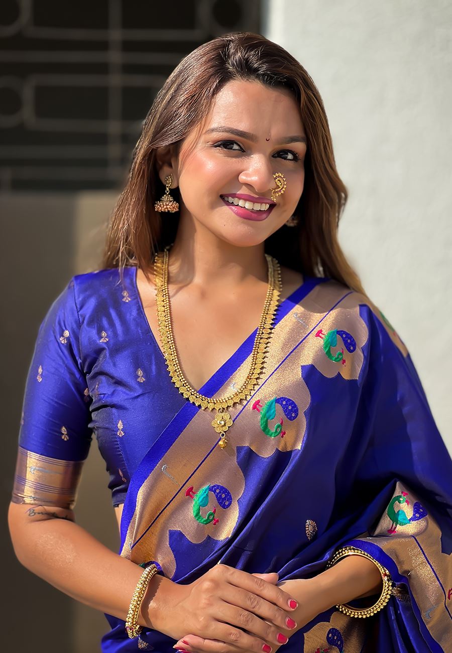 Royal Blue Silk Blend Paithani Saree