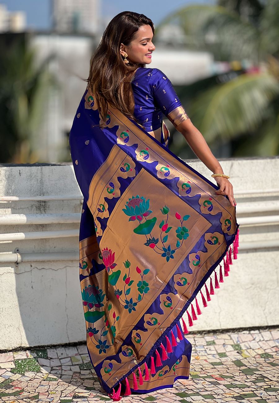 Royal Blue Silk Blend Paithani Saree