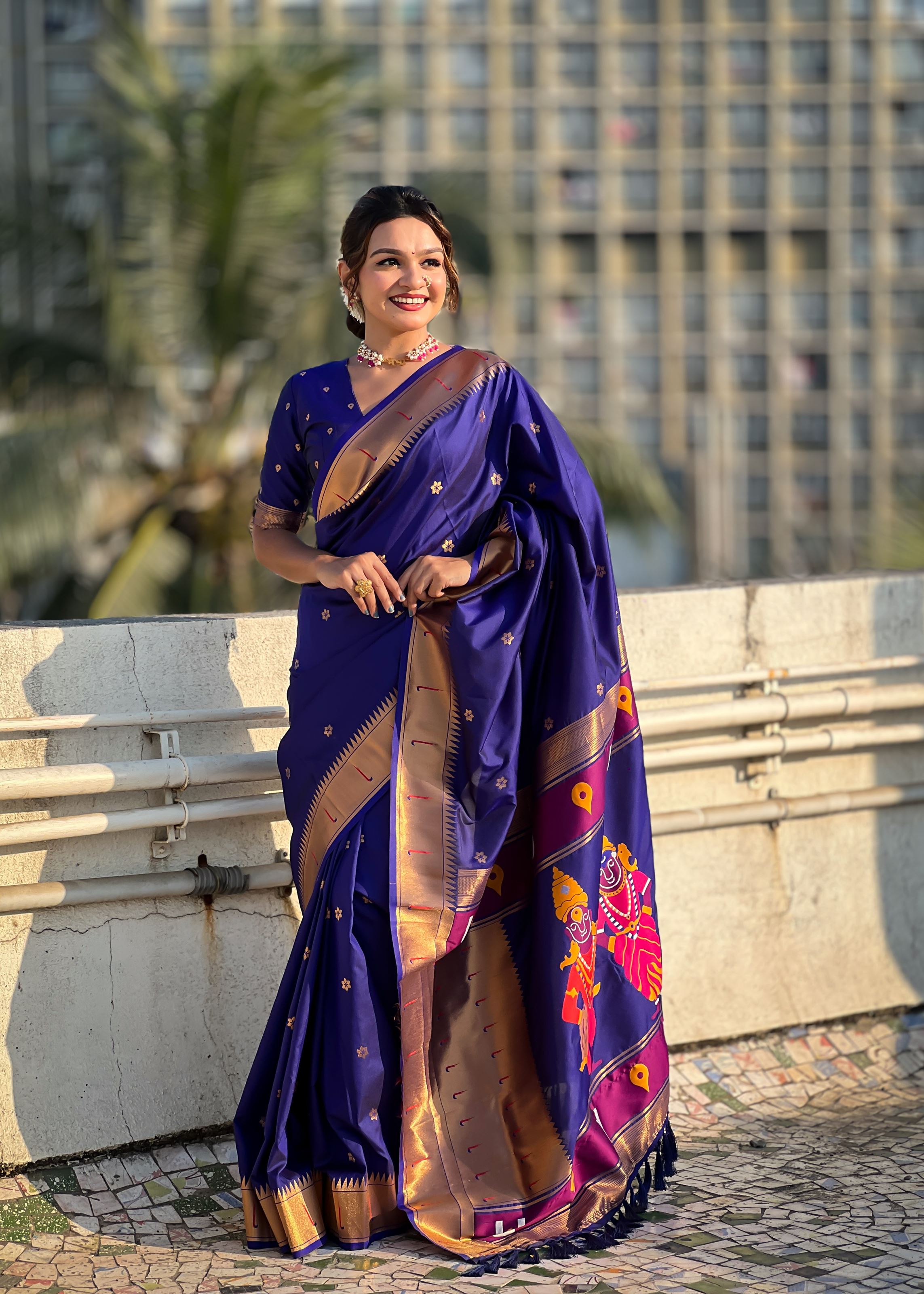 Royal Blue Silk Blend Vitthala God Paithani Silk Saree