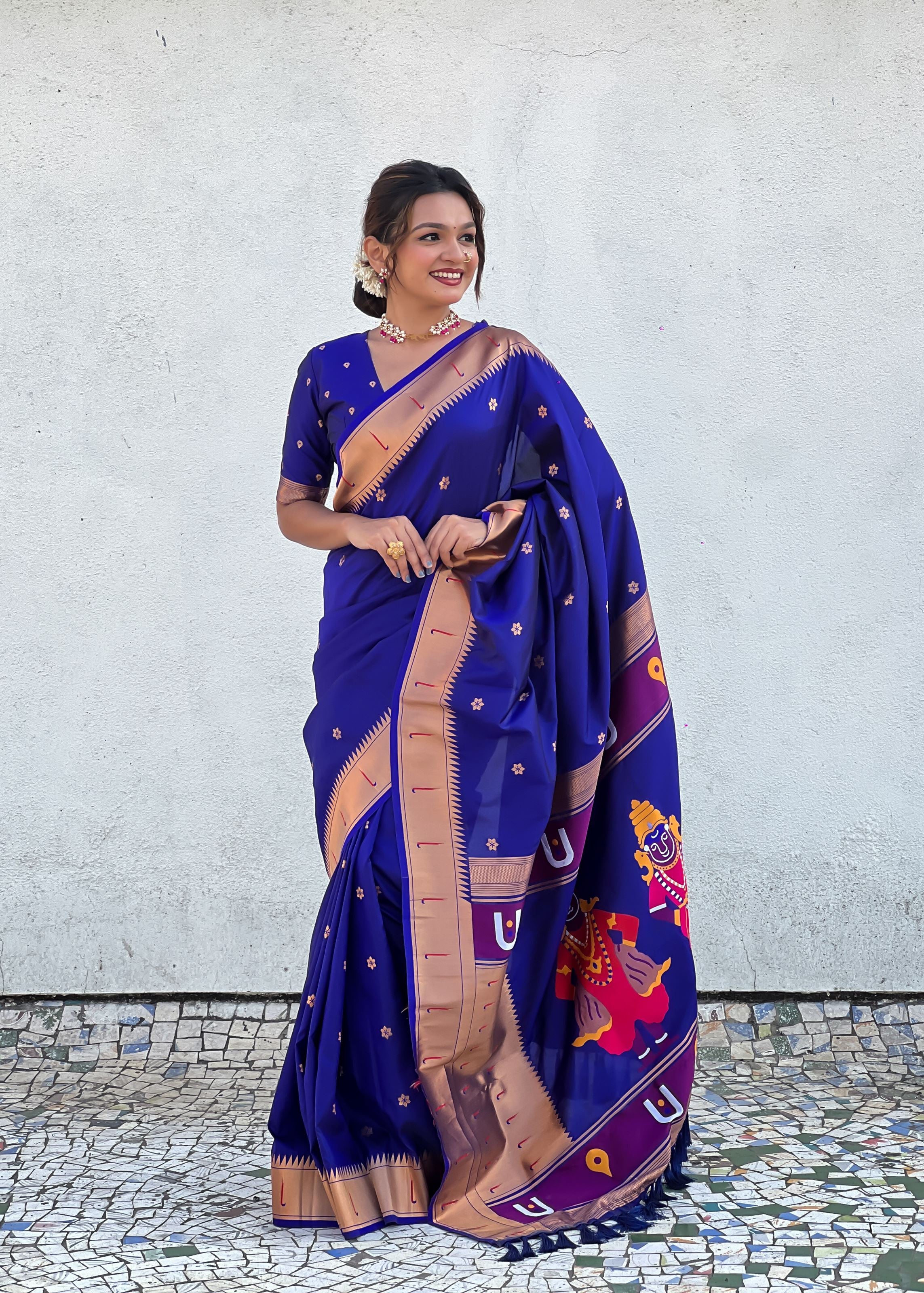 Royal Blue Silk Blend Vitthala God Paithani Silk Saree