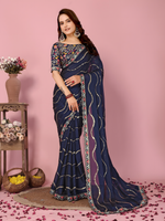 Royal Blue  Silk  Saree with Embroidery cut work Lace with sequence work