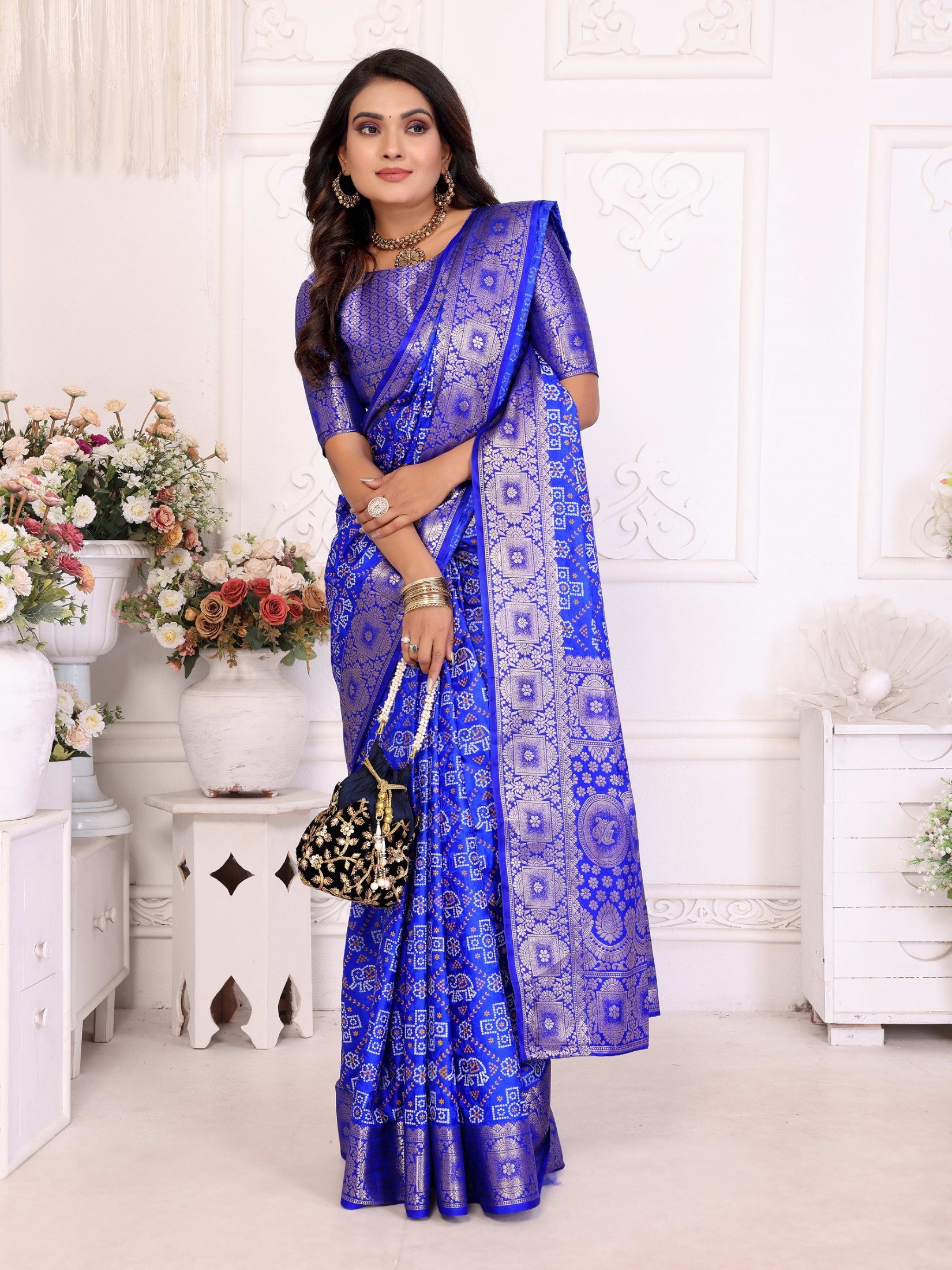 Royal Blue Soft Satin Silk Saree With Designer Allover Zari Weaving
