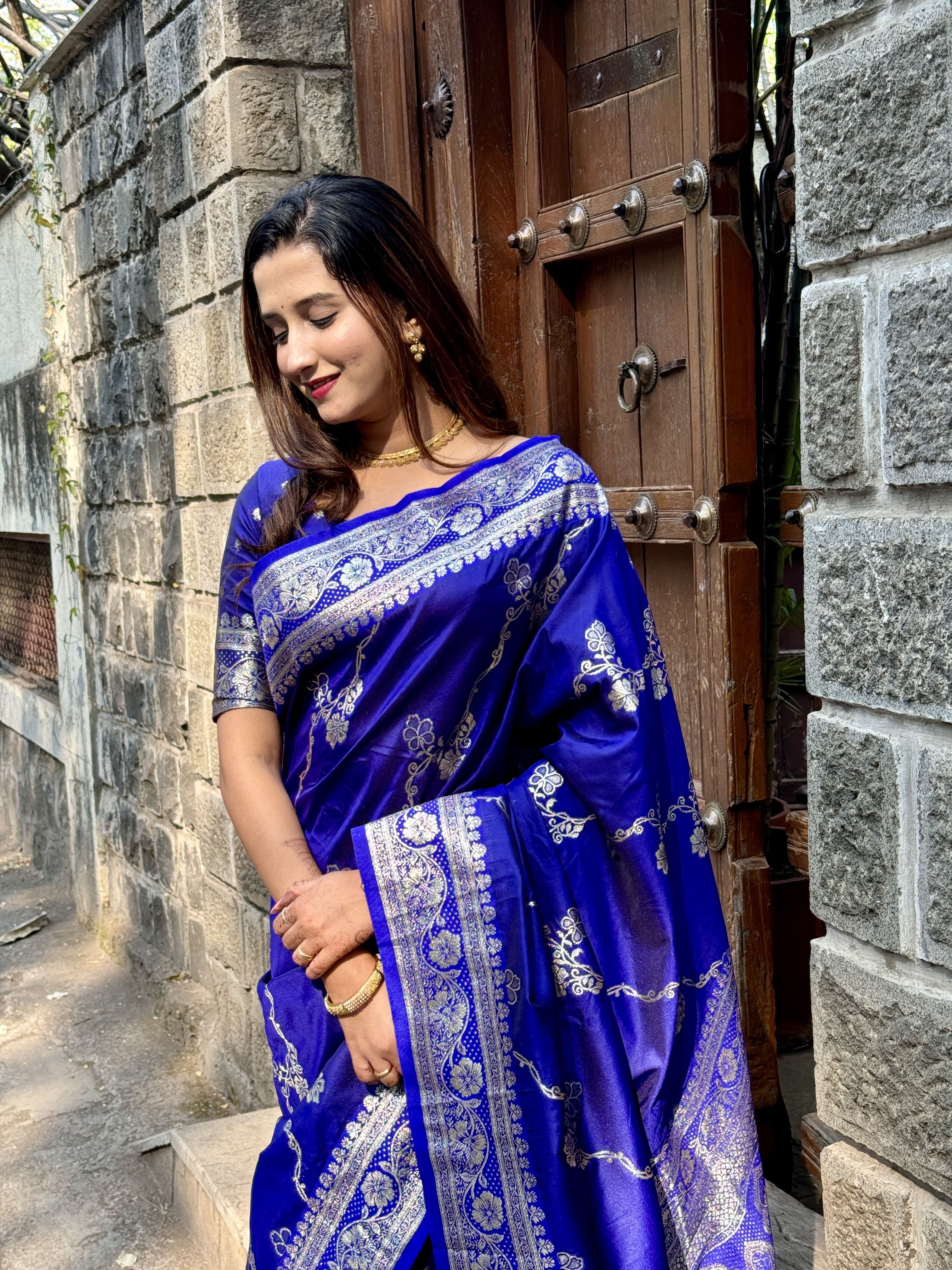 Royal Blue Woven Jacquard Jari Designer Banarasi Silk Festive Ceremonial Saree