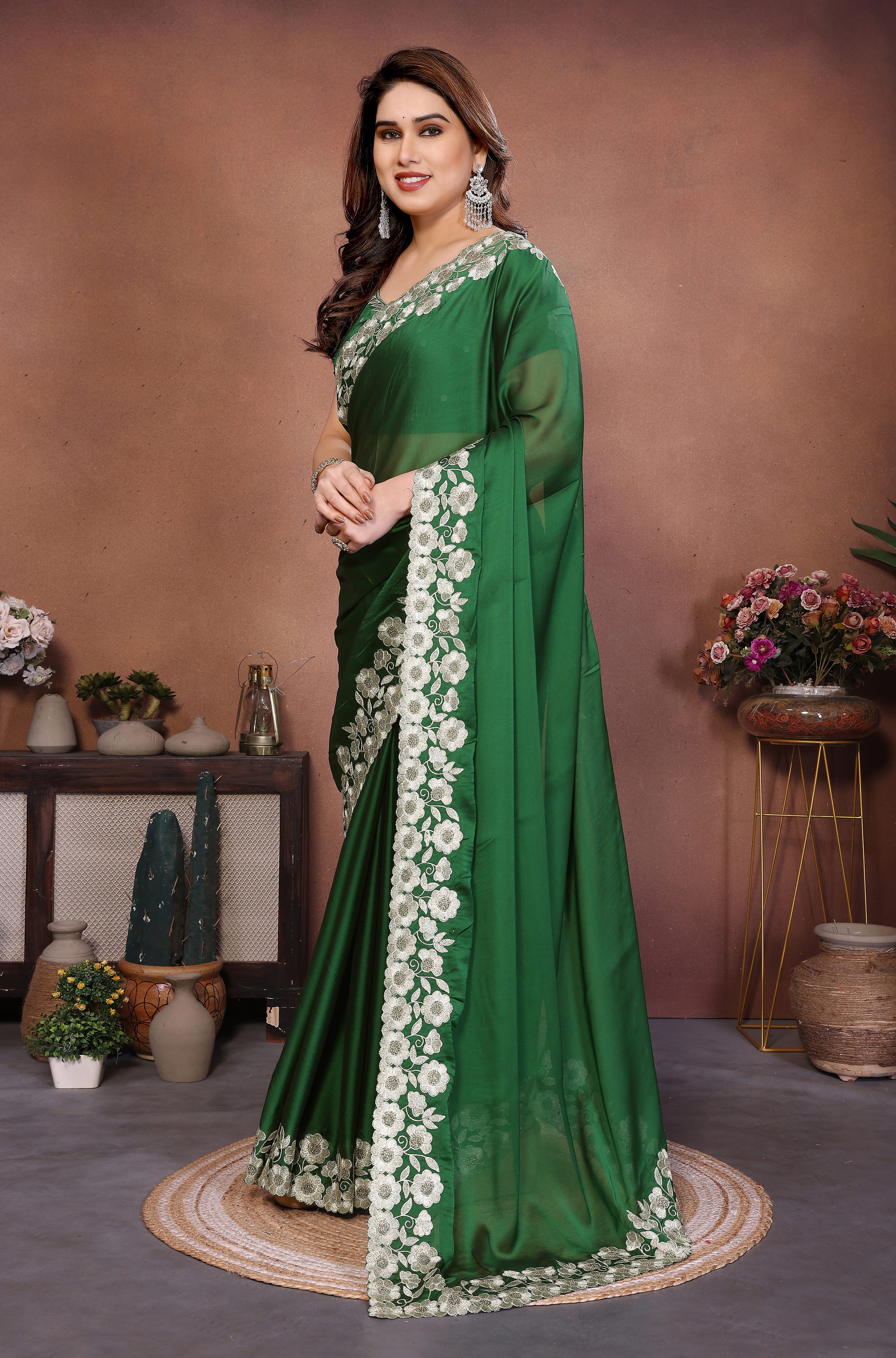 Royal Green Rangoli Silk Saree with Heavy Thread Embroidery Work