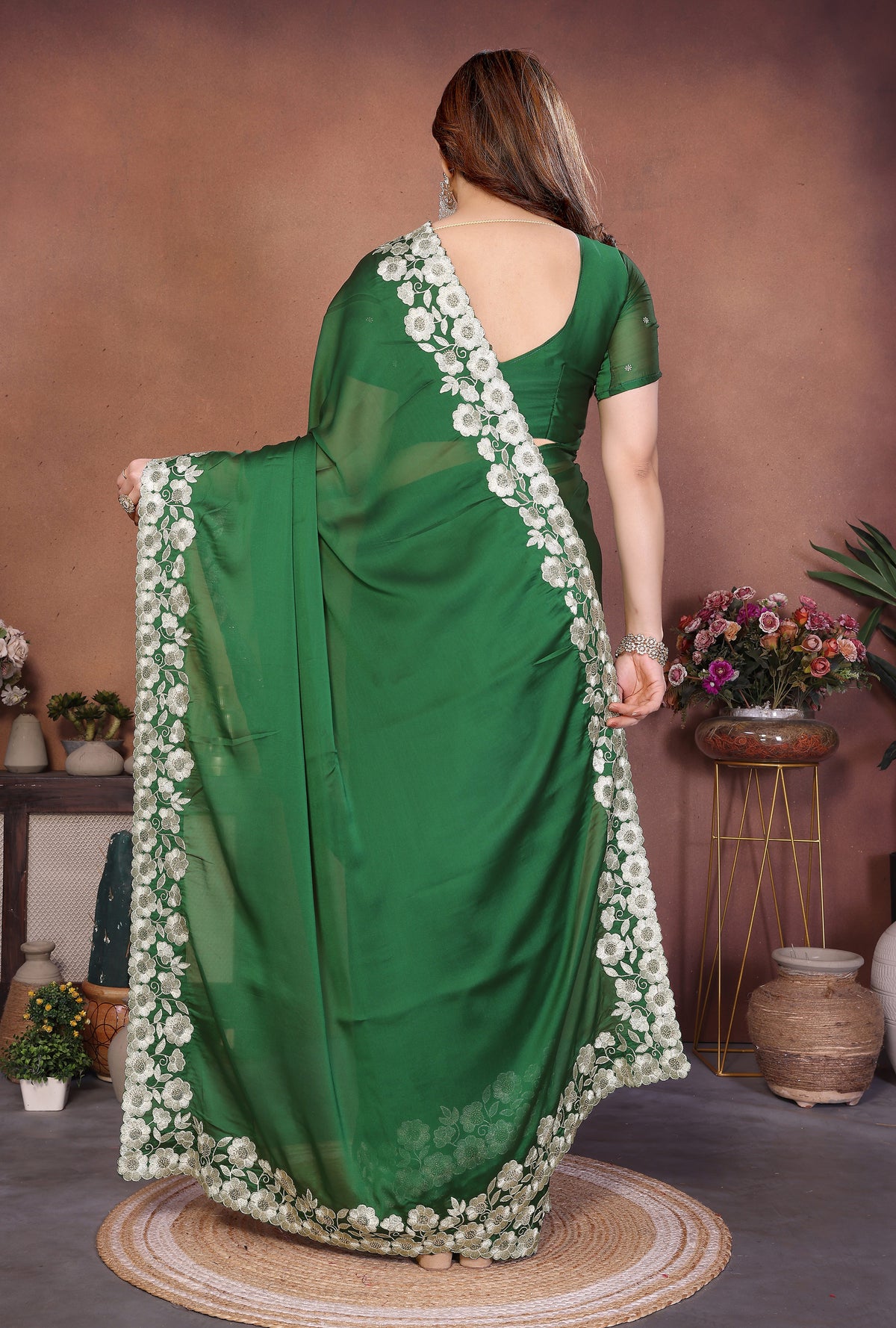 Royal Green Rangoli Silk Saree with Heavy Thread Embroidery Work