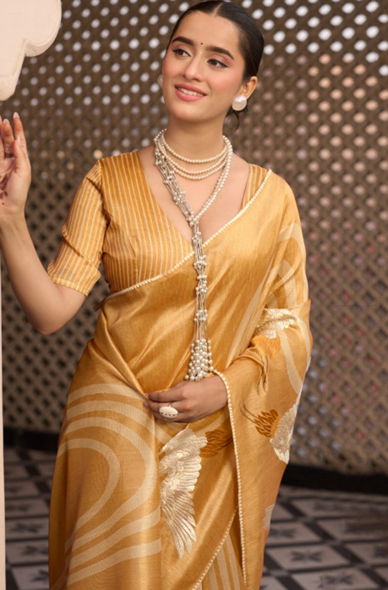 Royal Mustard Pure Tussar Silk Saree with Traditional Printed Work