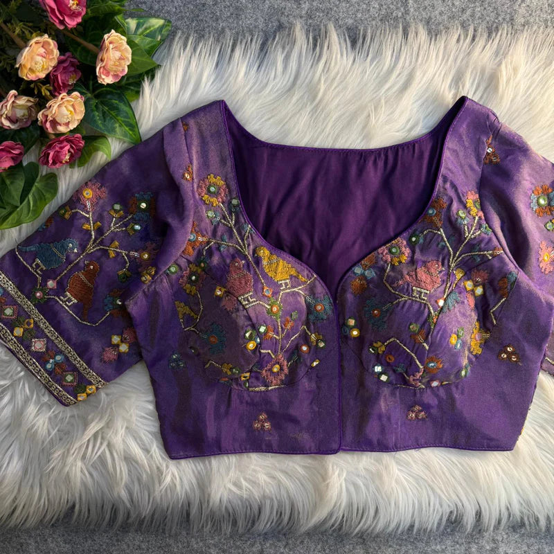 Royal Purple Bird Motif Mirror Work Blouse  Cosmos Silk Designer Partywear