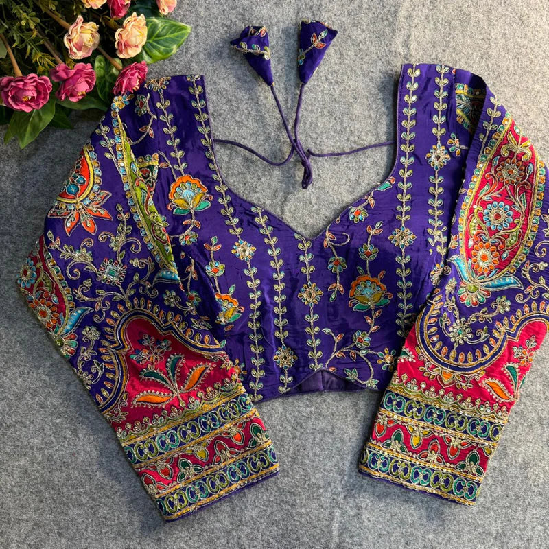 Royal Purple Elegant Heavy Position Work Long Sleeve Blouse  Pure Crepe Embroidered & Sequined Partywear