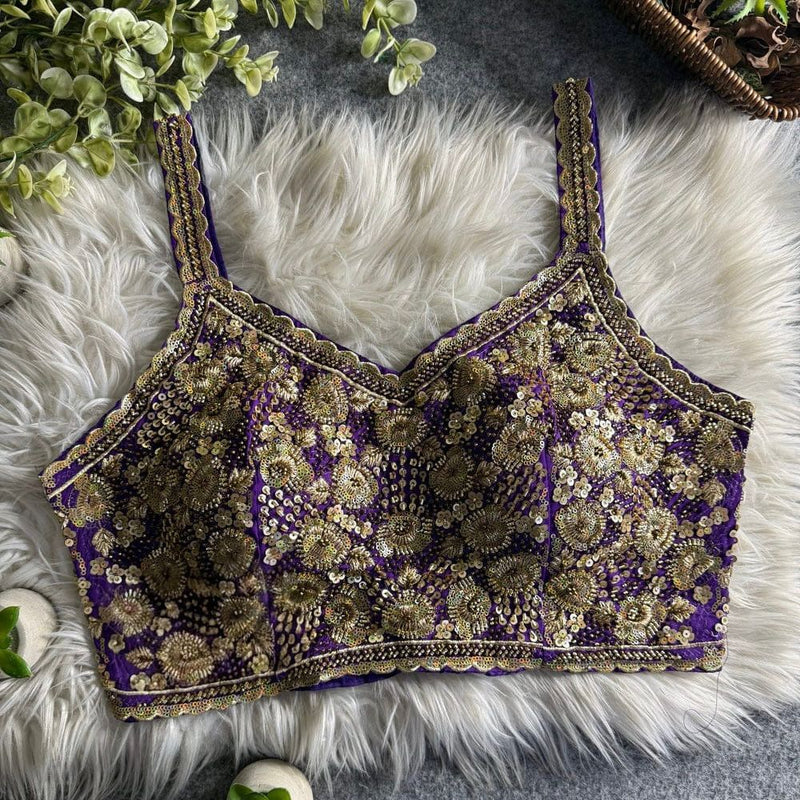 Royal Purple Luxe Heavy Beads Work Spaghetti Blouse  Roman Silk Designer Partywear