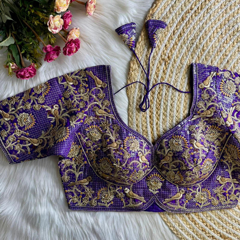 Royal Purple Luxury Bird Motif Bridal Blouse  Roman Silk Designer Wedding Wear