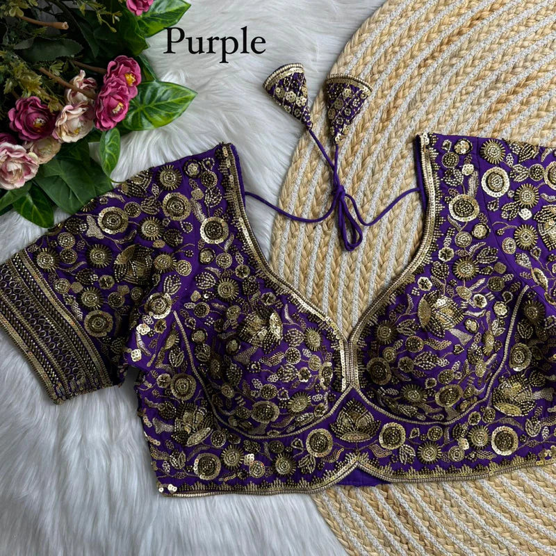 Royal Purple Luxury Heavy Beads Bridal Blouse  Roman Silk Designer Wedding Wear