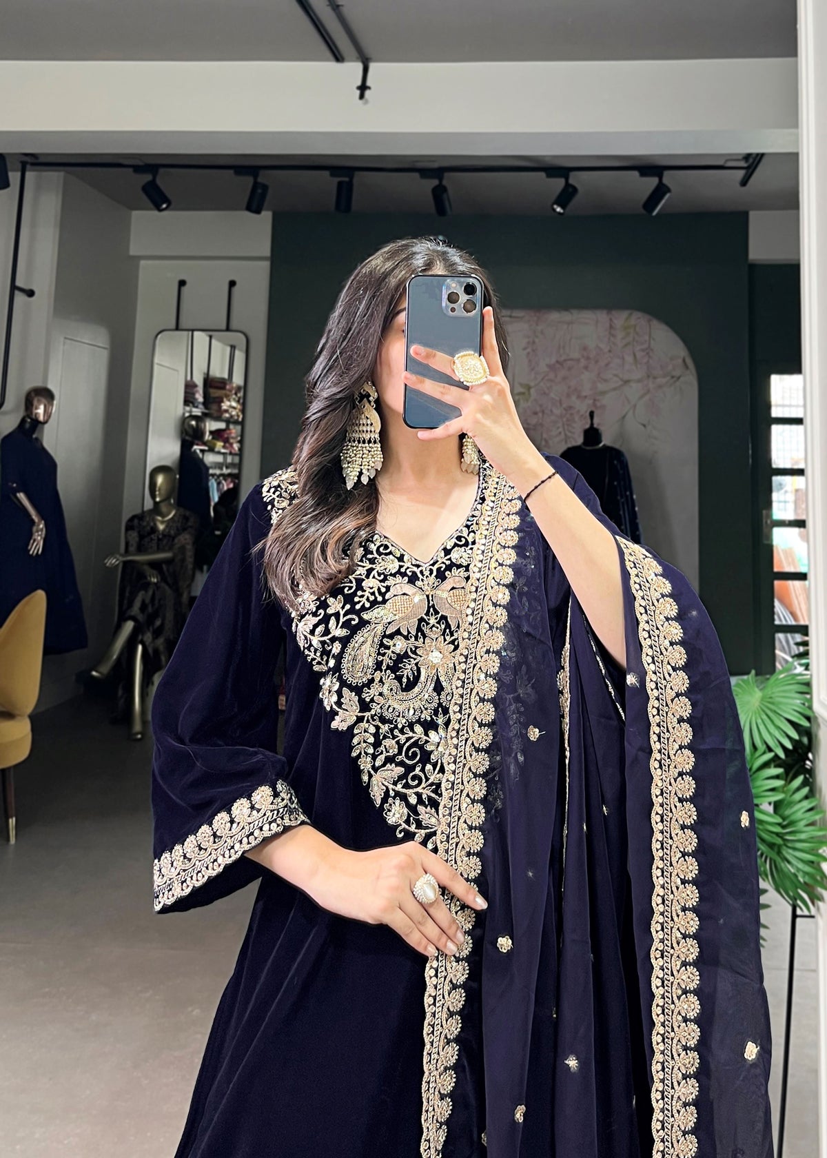 Royal Radiance Velvet Navy Blue Salwar Suit with Sequins & Thread Embroidery