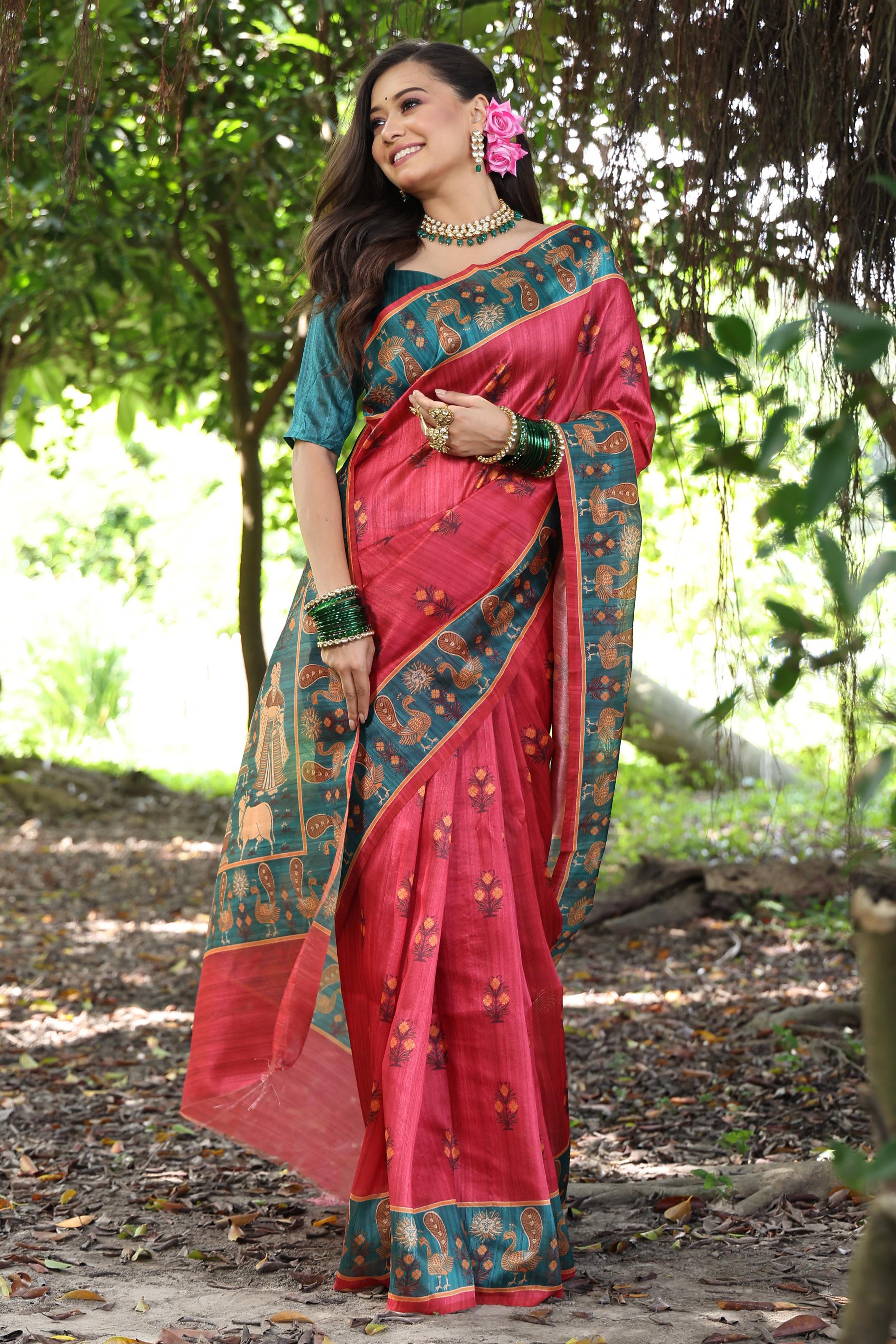 Royal Red Tussar Silk Saree with Traditional Printed Design