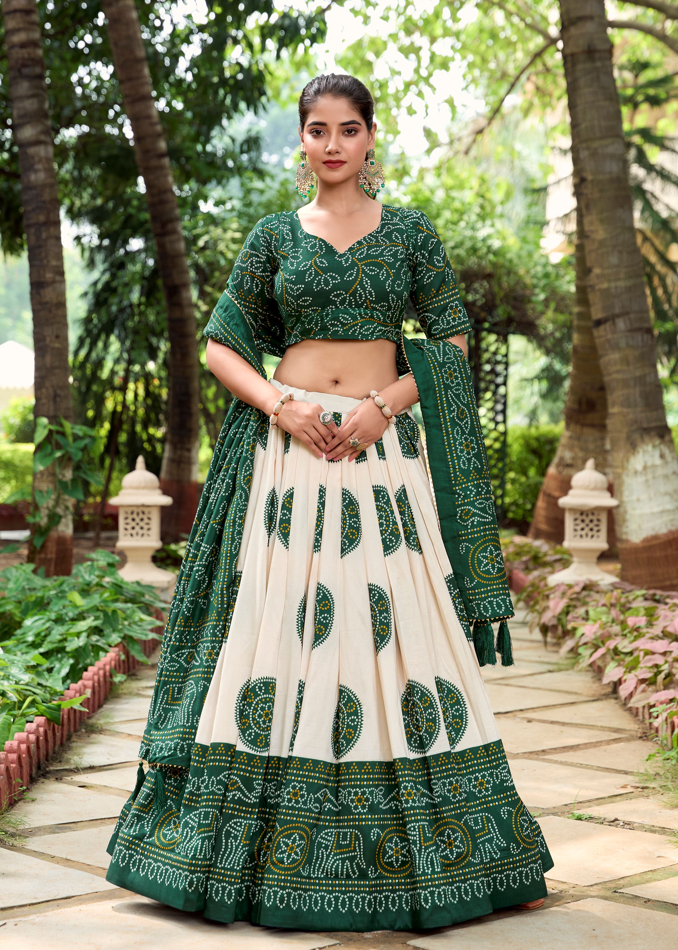 Royal in Every Fold Green Tussar Silk Lehenga with Timeless Bandhej Print