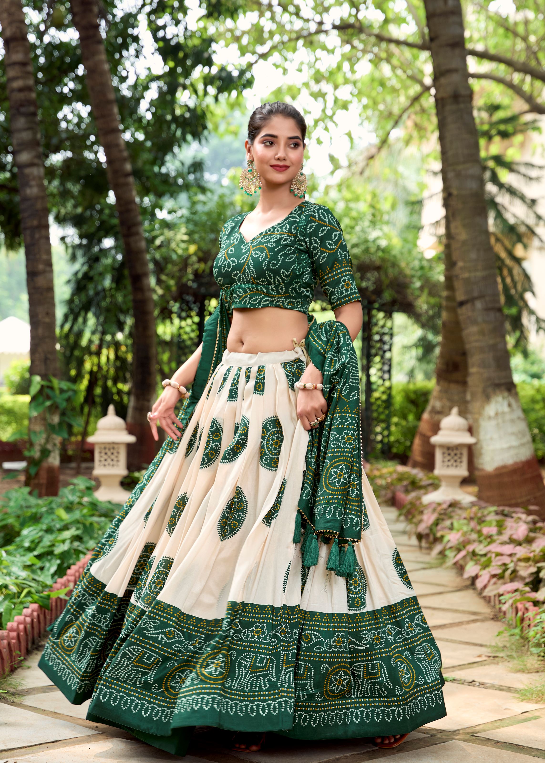 Royal in Every Fold Green Tussar Silk Lehenga with Timeless Bandhej Print