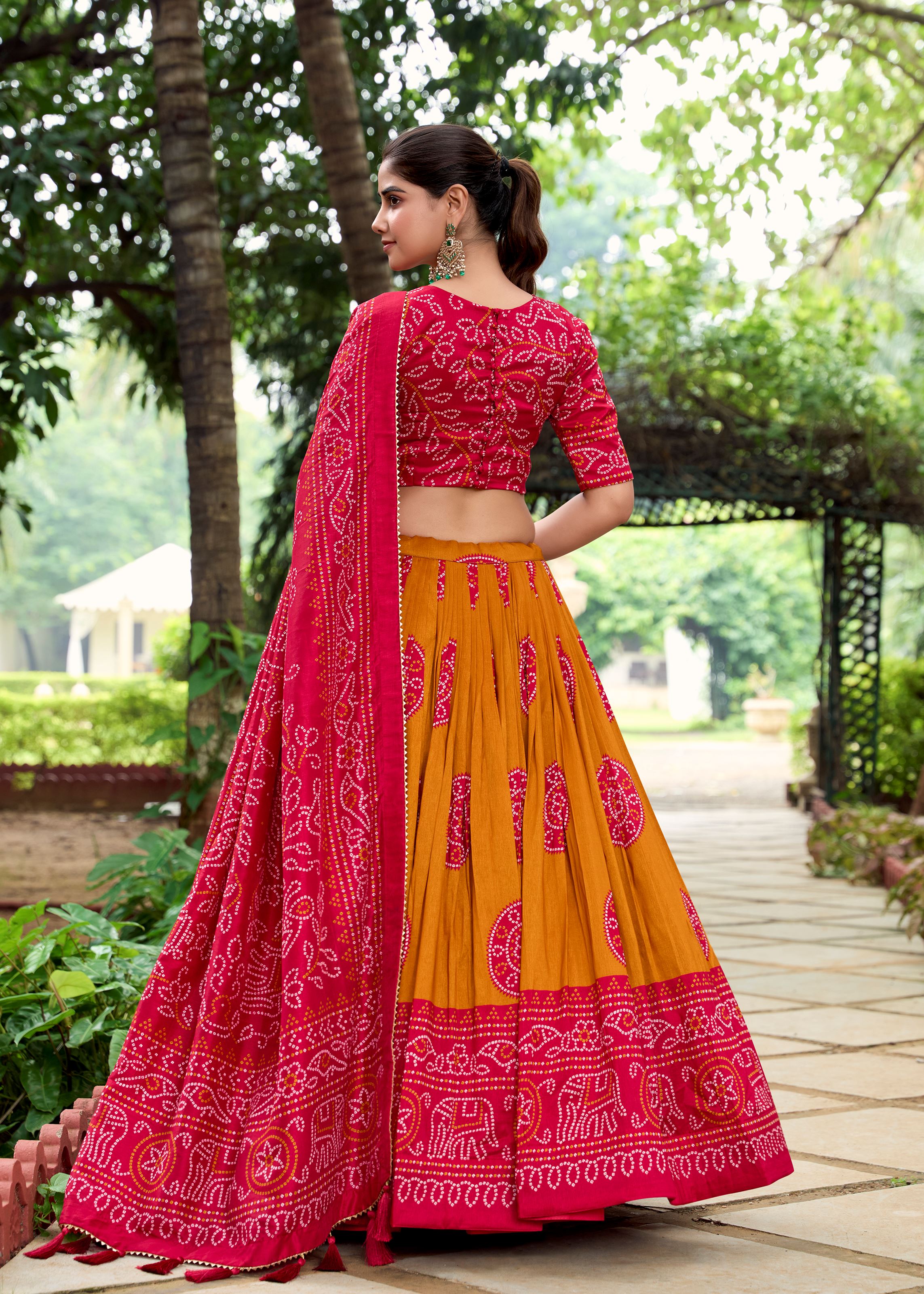 Royal in Every Fold Mustard Tussar Silk Lehenga with Timeless Bandhej Print