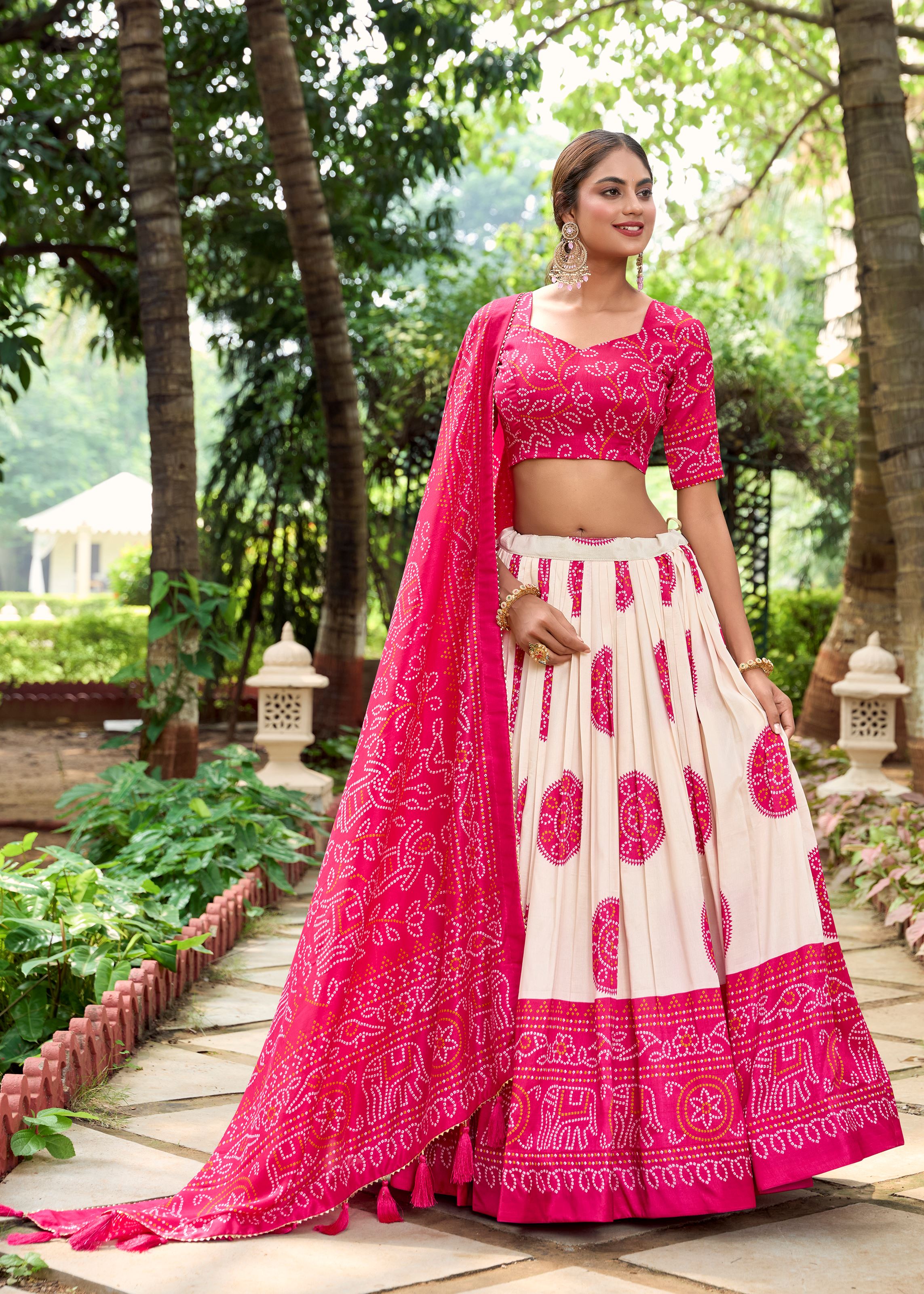Royal in Every Fold Pink Tussar Silk Lehenga with Timeless Bandhej Print